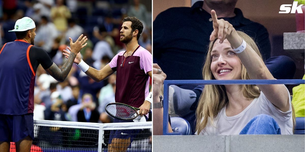 Amanda Seyfried watches from the stands as Khachanov battles past Kyrgios