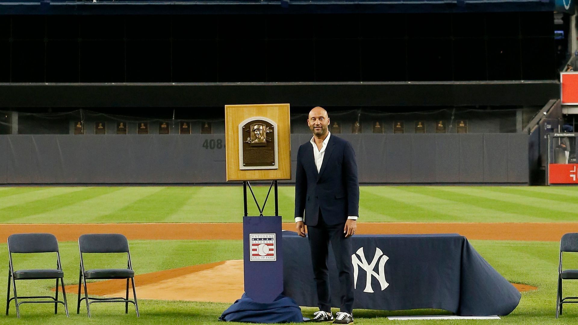 Baseball Hall of Famer Derek Jeter spoke to fans after being honored by the New York Yankees before a game against the Tampa Bay Rays.