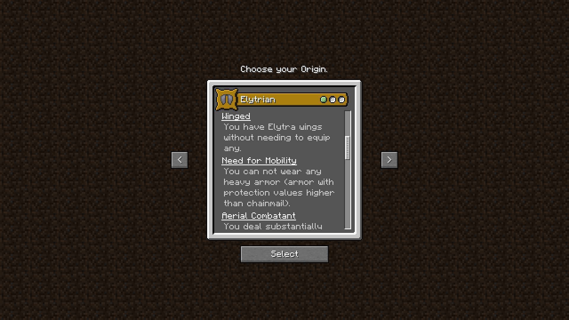 The origin selection screen from the Origins mod (Image via Minecraft)