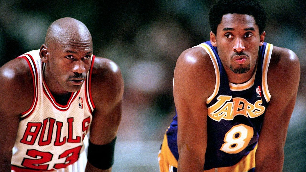 Jordan and Bryant during an NBA game.