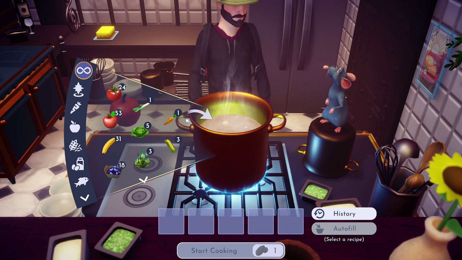 Cook a meal to help Merlin beat his hunger in Disney Dreamlight Valley (Image via Gameloft)