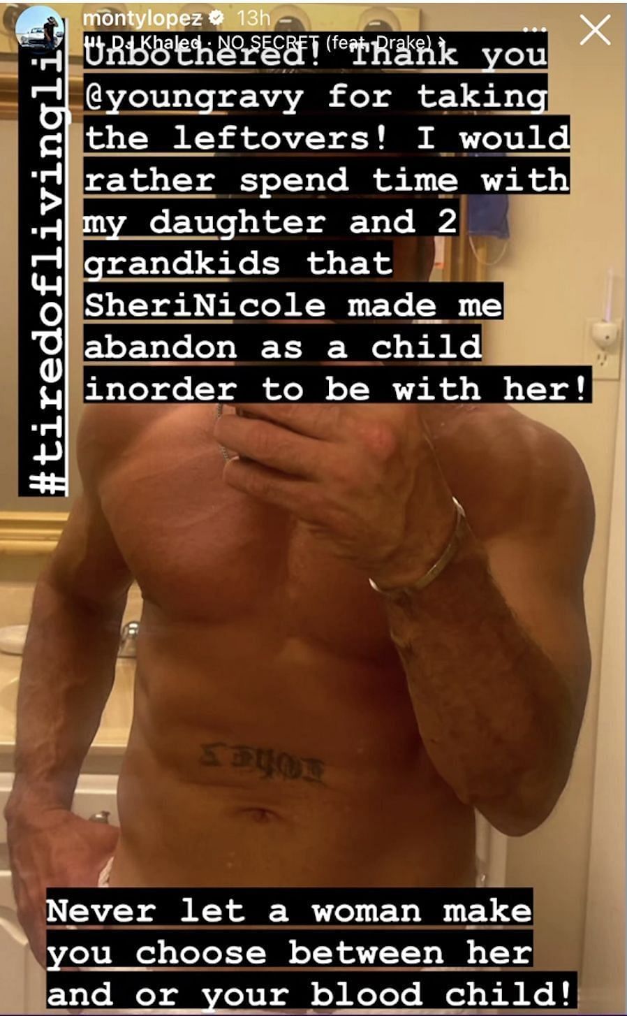 Monty Lopez calls ex-wife Sheri Nicole &quot;Leftovers&quot; in an Instagram story, claiming he is &quot;unbothered&quot; by the two being together. (Image via Monty Lopez/Instagram)