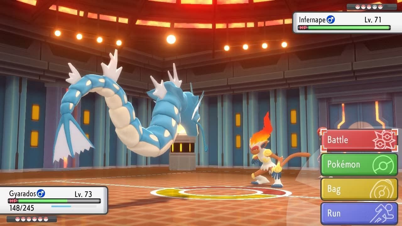 Gyarados battles Infernape in Pokemon Brilliant Diamond and Shining Pearl (Image via ILCA)