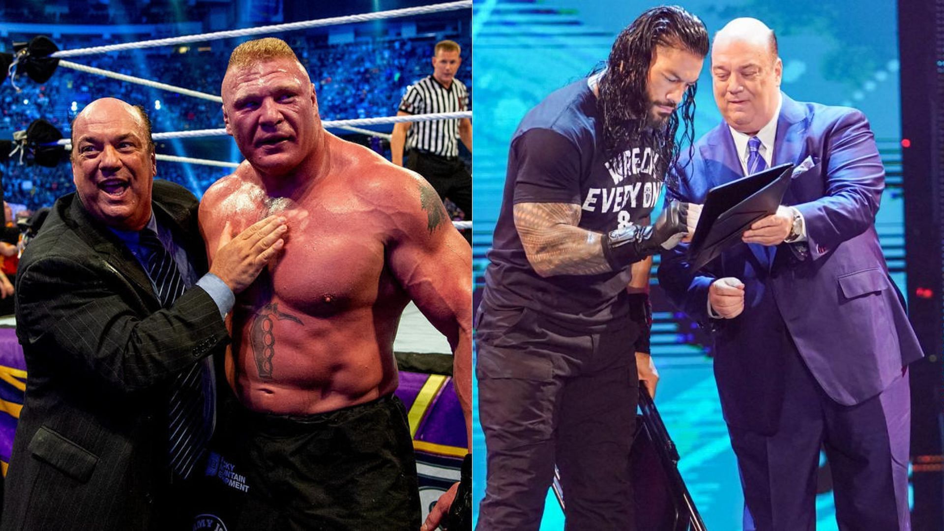 Paul Heyman and Brock Lesnar (left); Roman Reigns and Paul Heyman (right)