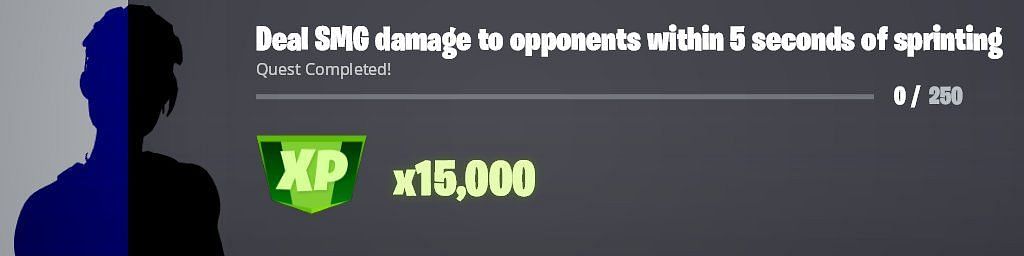 Deal 250 damage to opponents using an SMG within 5 seconds of sprinting to earn 15,000 XP in Fortnite (Image via Twitter/iFireMonkey)