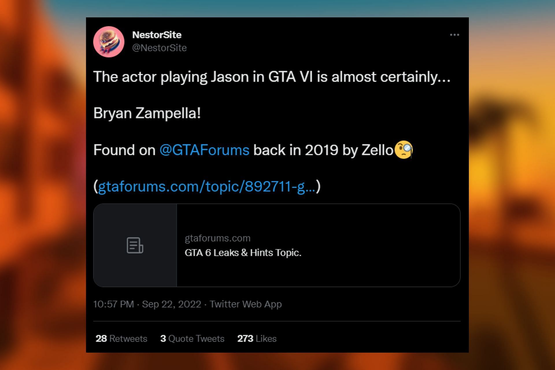 NestorSite&#039;s tweet about alleged Grand Theft Auto 6 voice actor (Image via Twitter)