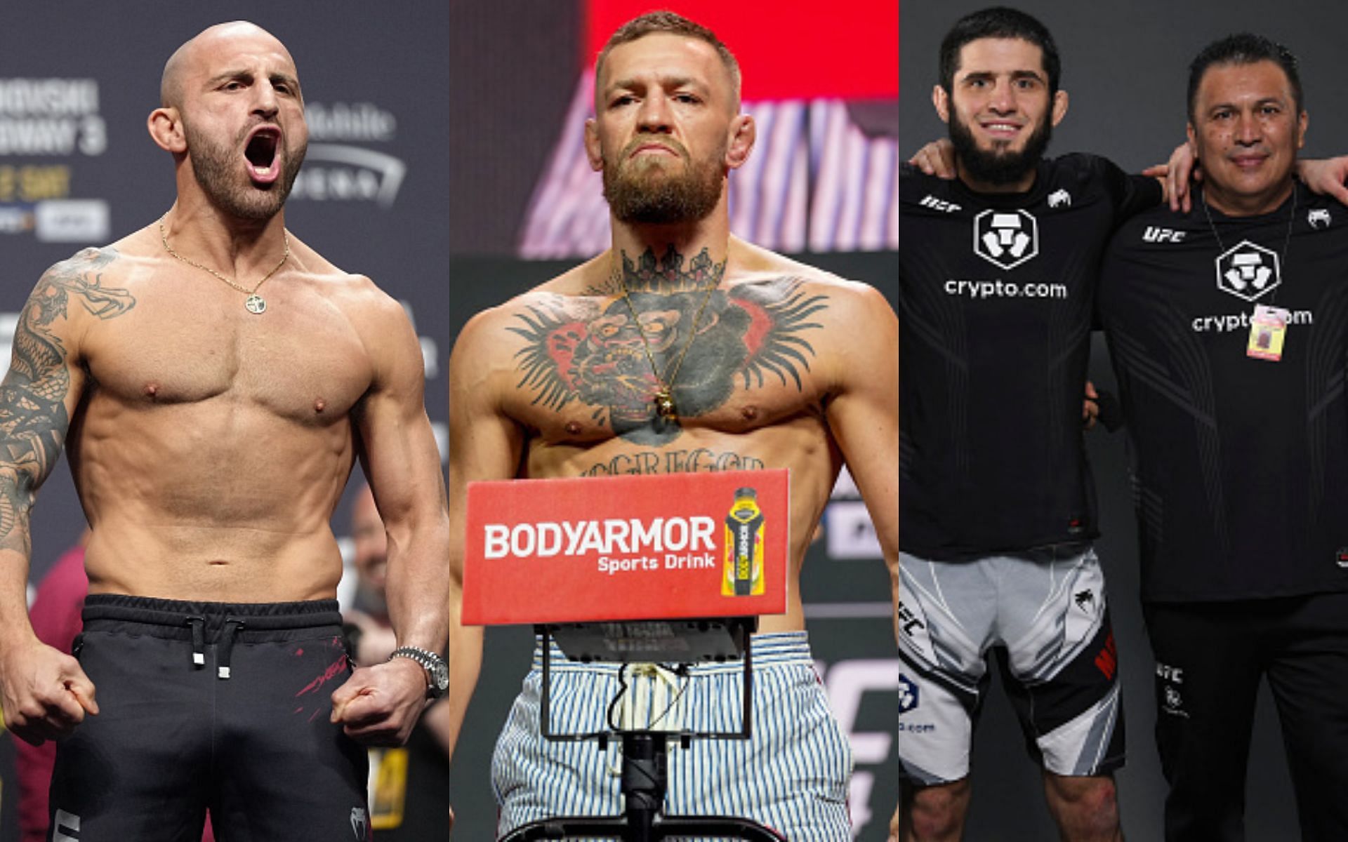 Alexander Volkanovski (left), Conor McGregor (middle), Islam Makhachev and Javier Mendez (right)