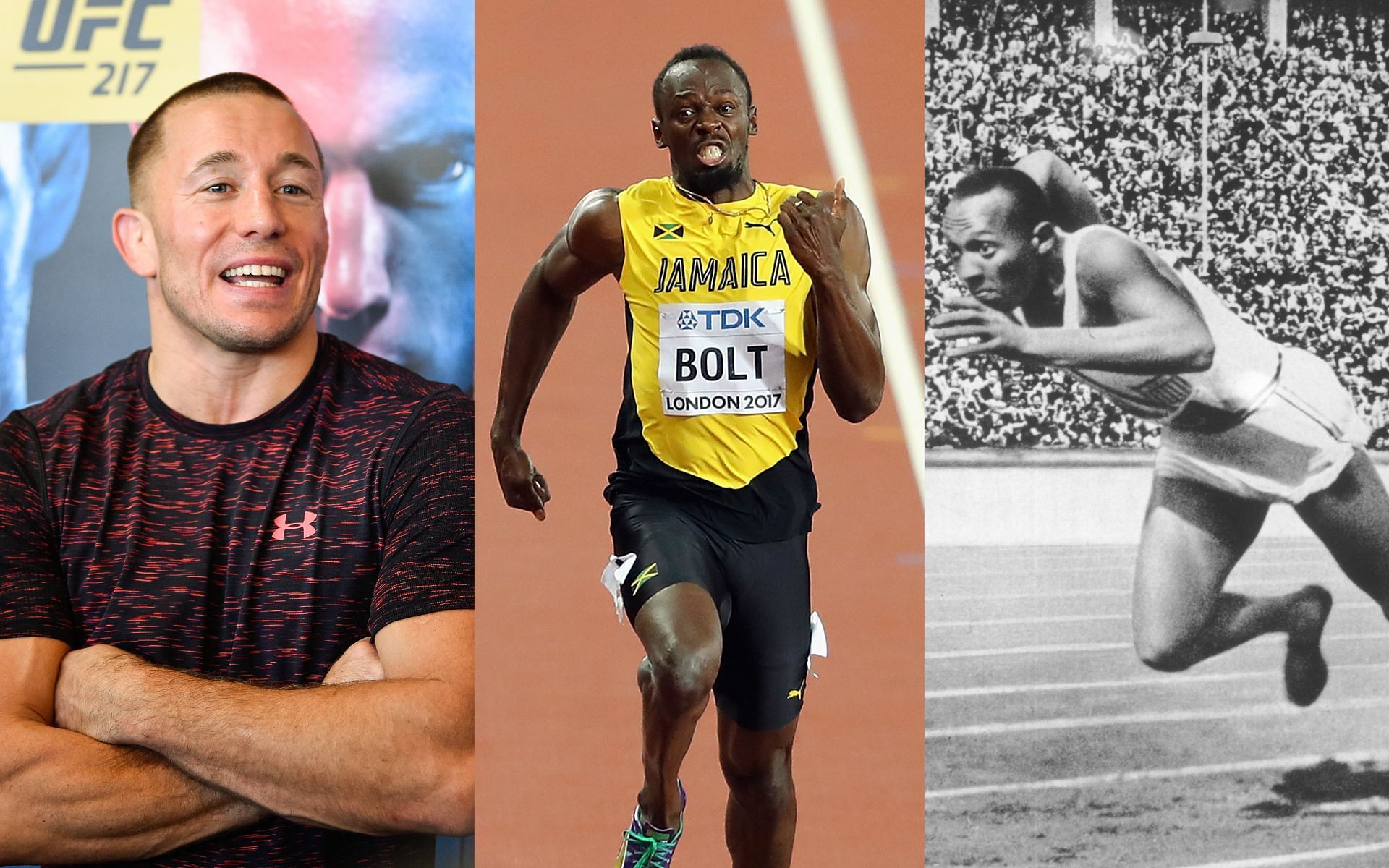 Georges St-Pierre (left), Usain Bolt (centre), Jesse Owens (right)