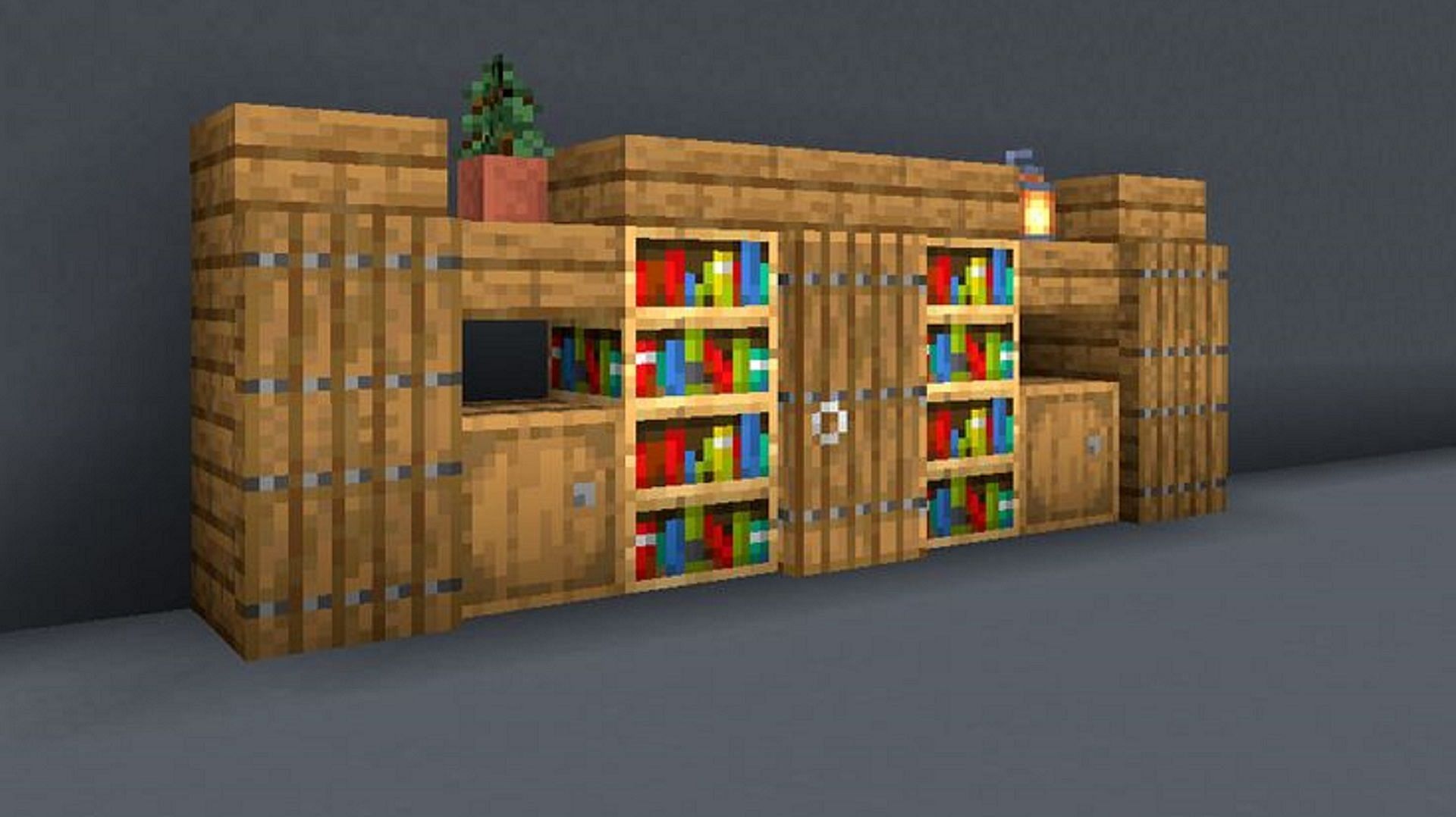 Bookshelves and barrels make for excellent space fillers (Image via Funminecraftbuilds/Blogspot)
