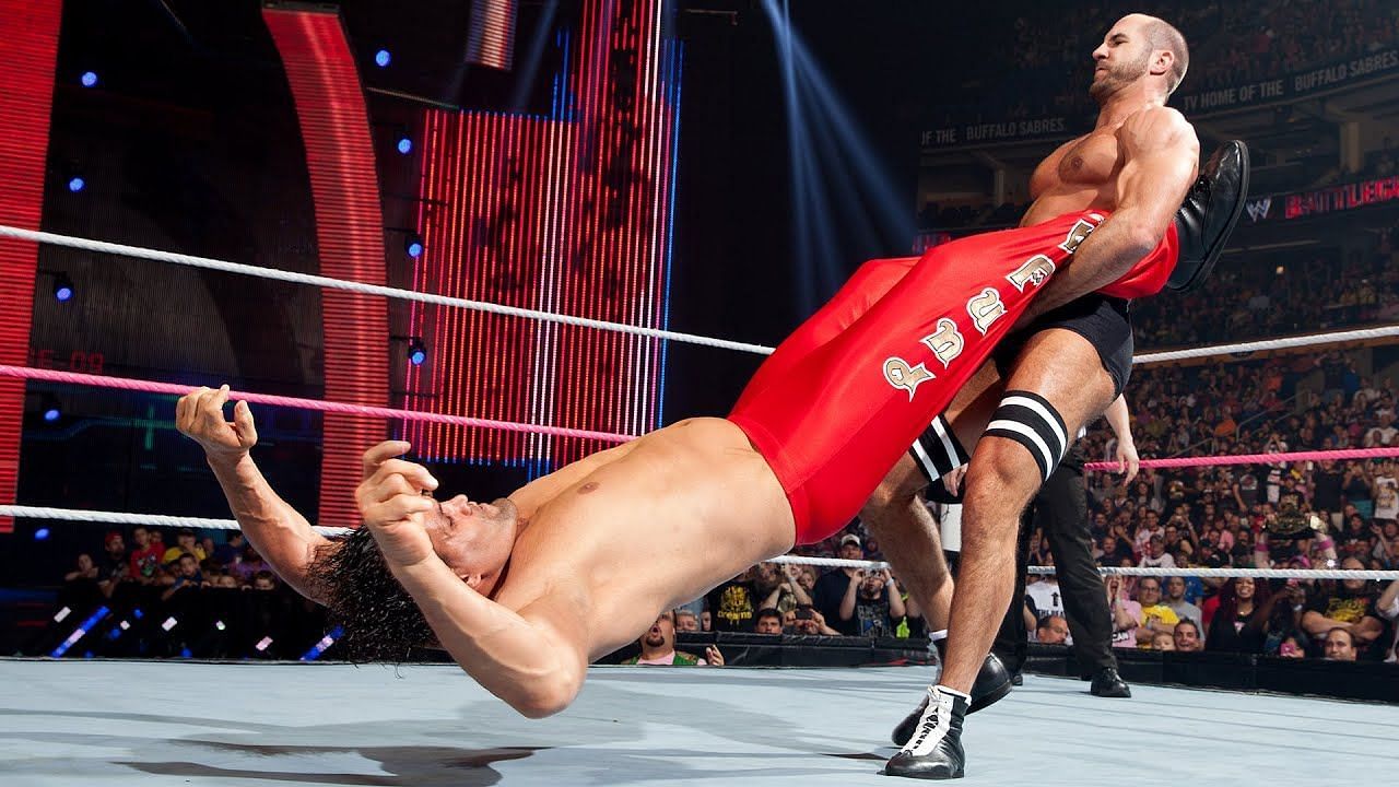 Cesaro showing off his incredible strength by executing the giant swing on The Great Khali