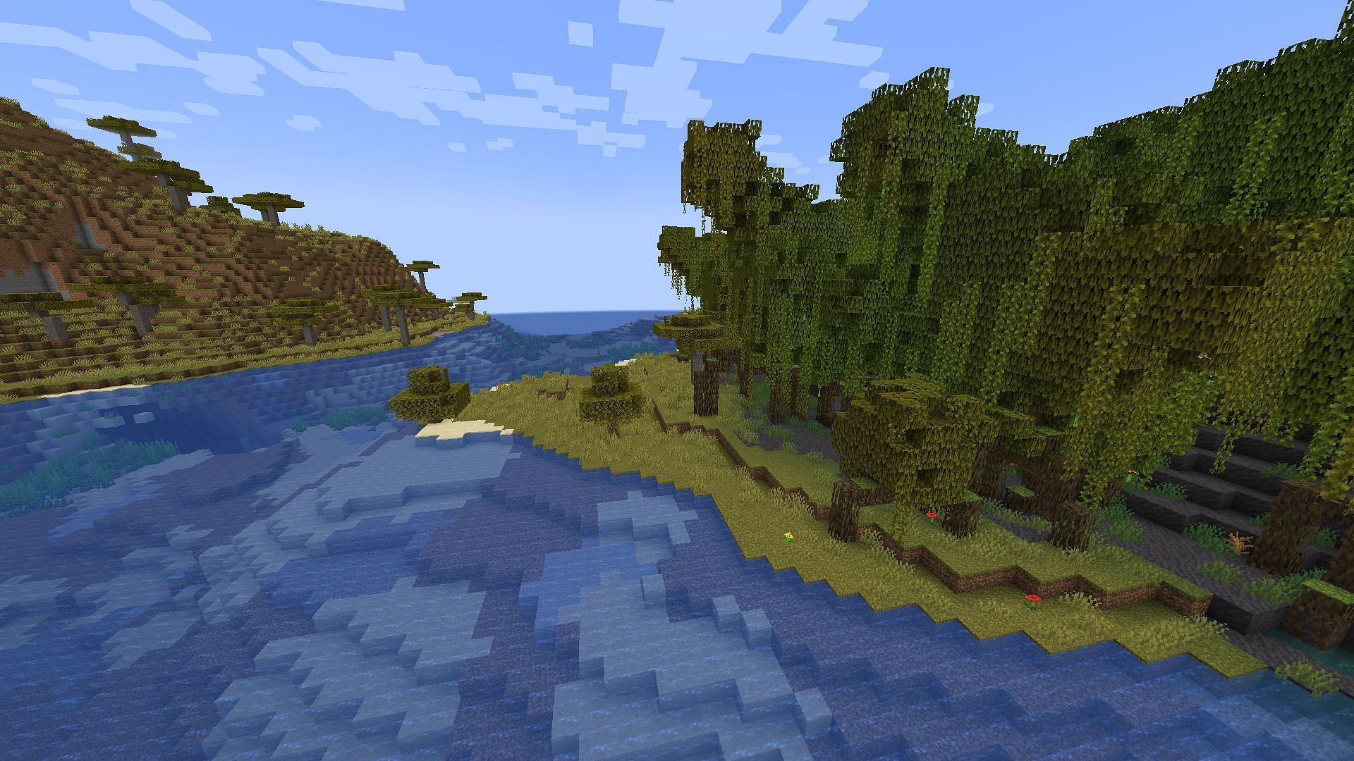 Small mangrove swamp area near Savanna biome and mountain in Minecraft (Image via Mojang)