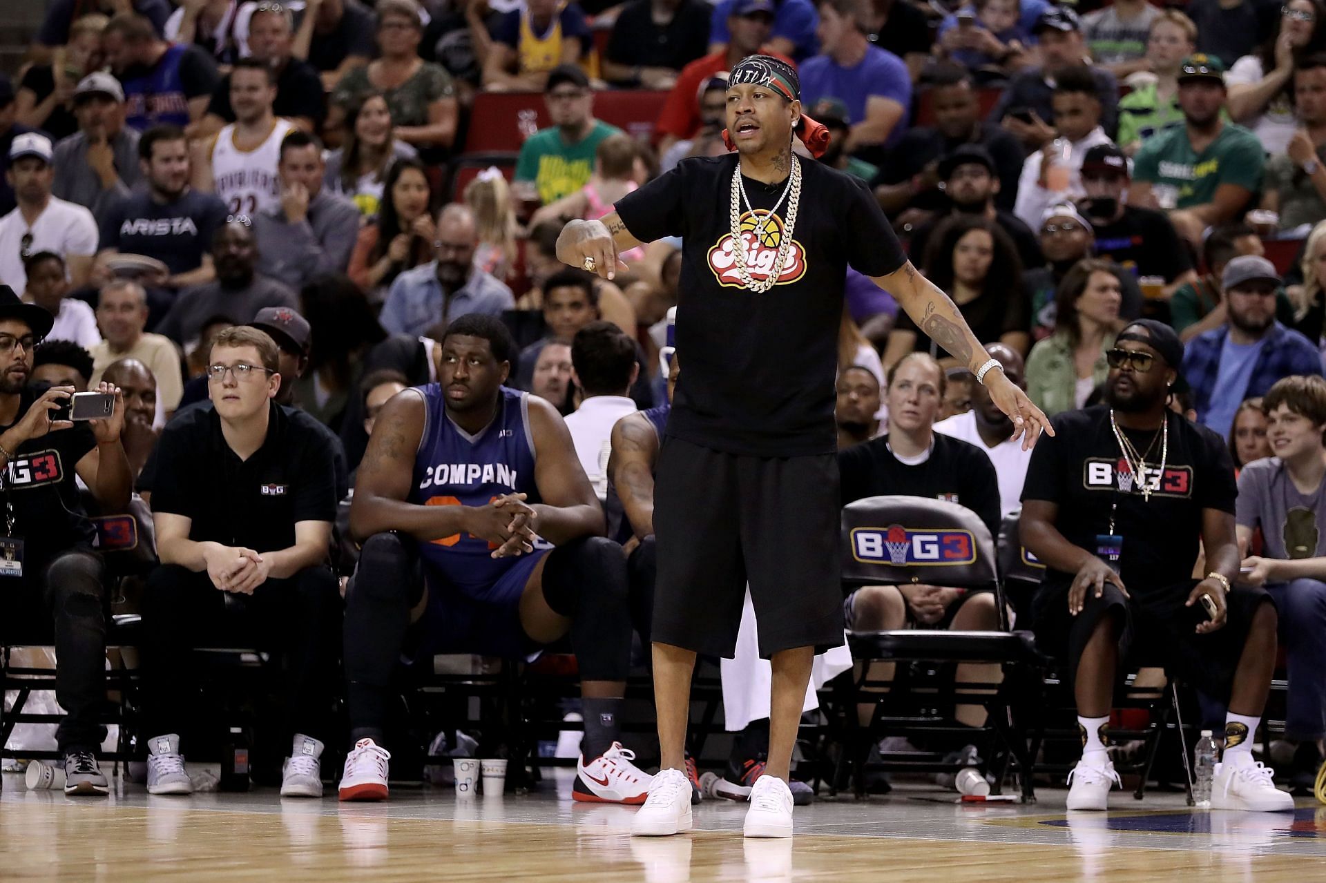 Allen &quot;The Answer&quot; Iverson of the 3&#039;s Company reacts during the game against the Tri-State from the bench in week nine of the BIG3 three-on-three basketball league at KeyArena on August 20, 2017 in Seattle, Washington.
