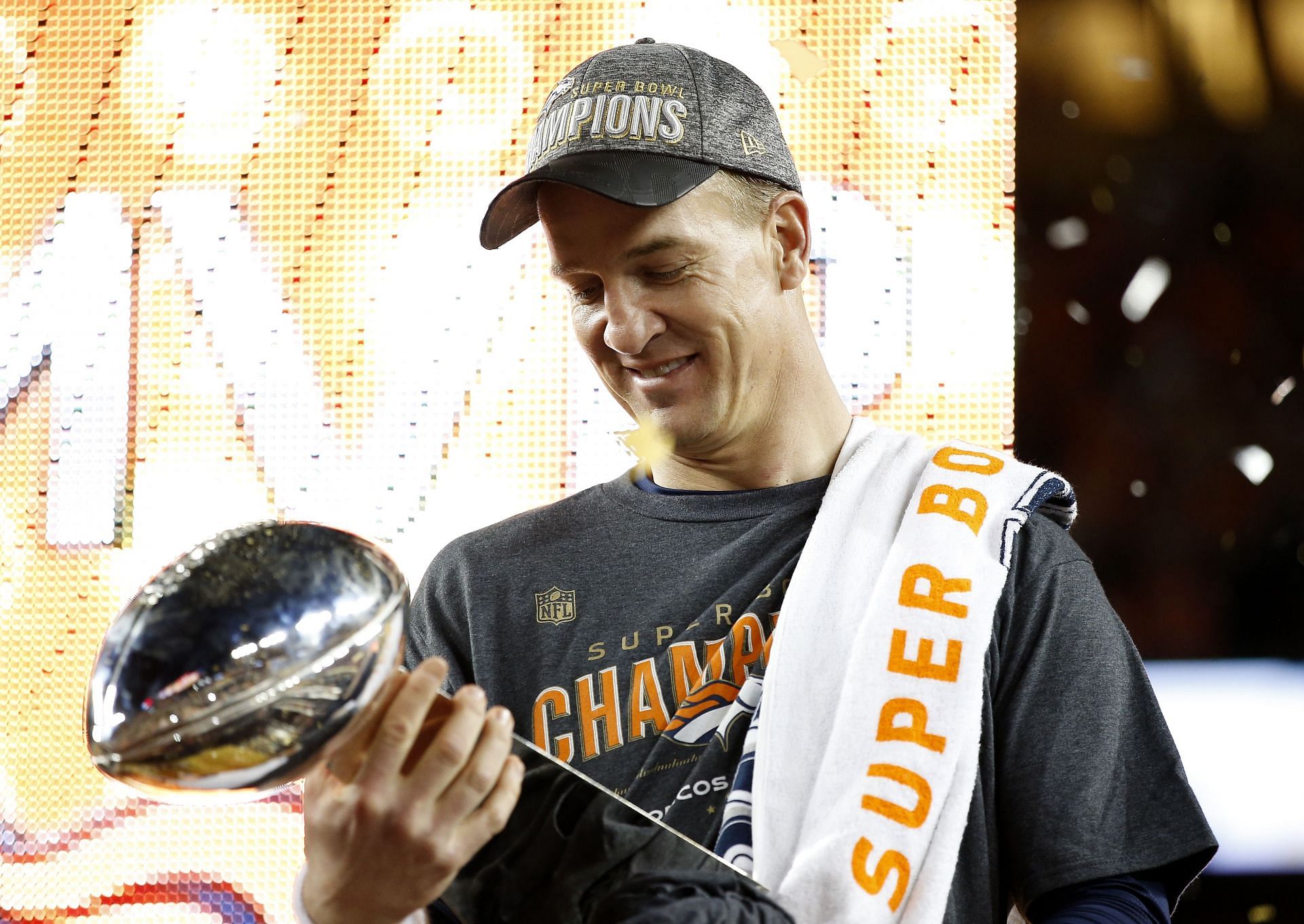 Peyton Manning reacts after winning Super Bowl 50