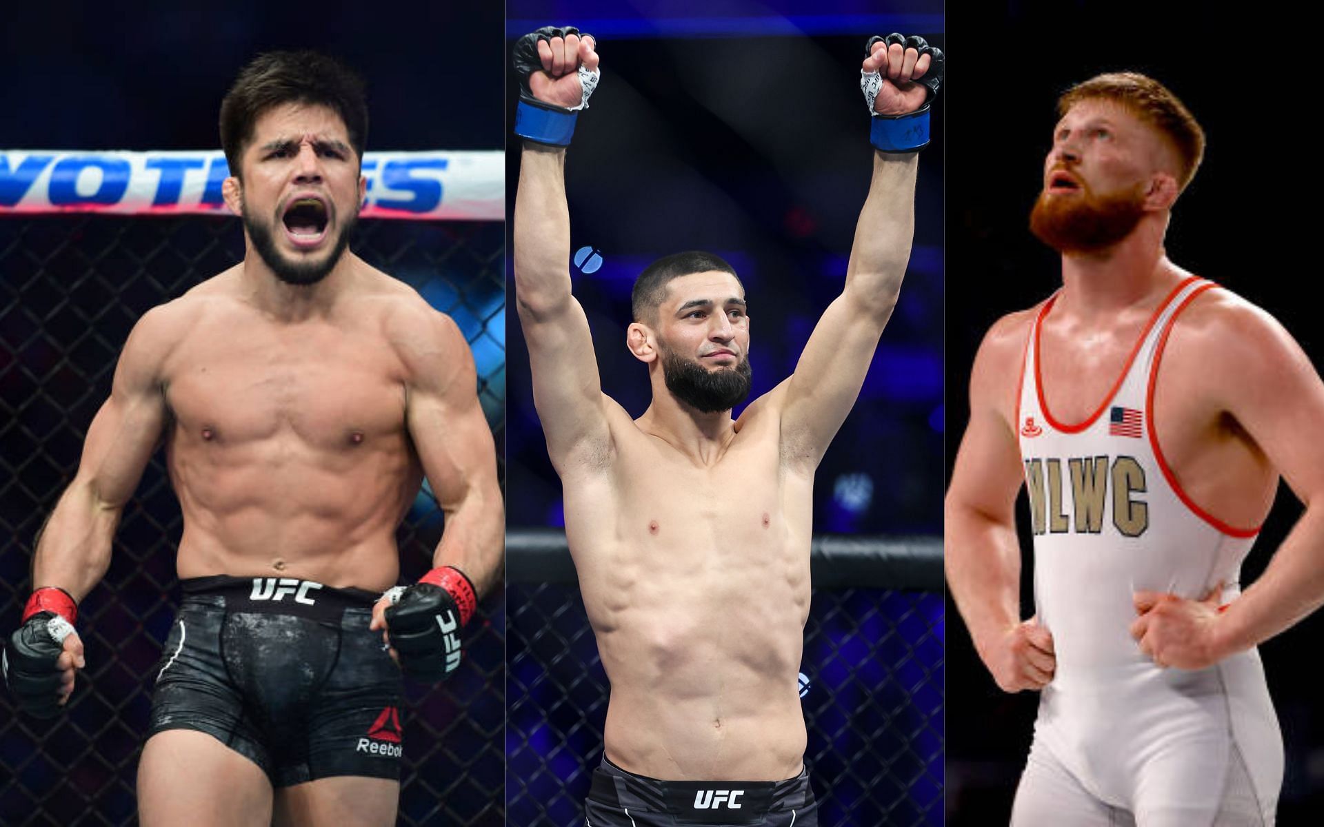 From left to right: Henry Cejudo, Khamzat Chimaev, and Bo Nickal