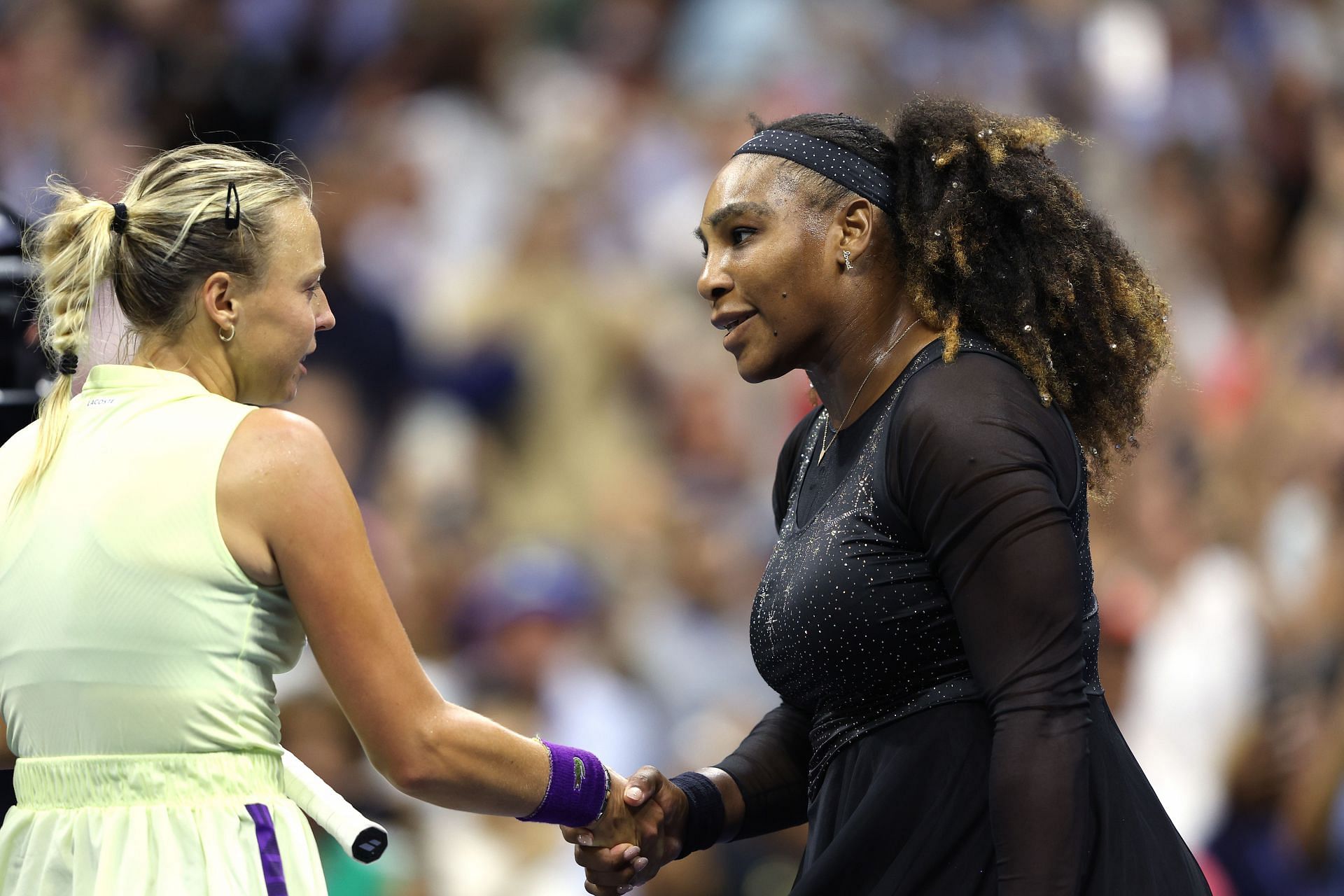 Serena Williams (right) shares a handshake with Anett Kontaveit (left) after their second-round match at the US Open.
