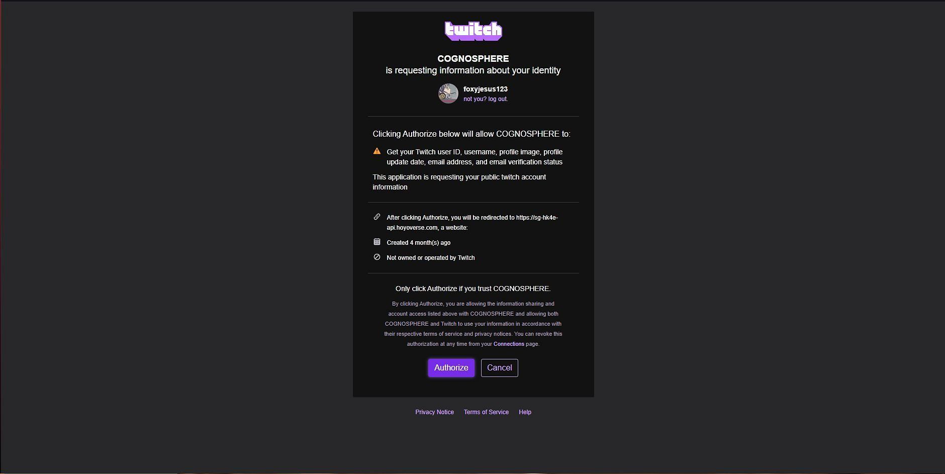 Authorizing page on Twitch for drops (Image via Bungie)