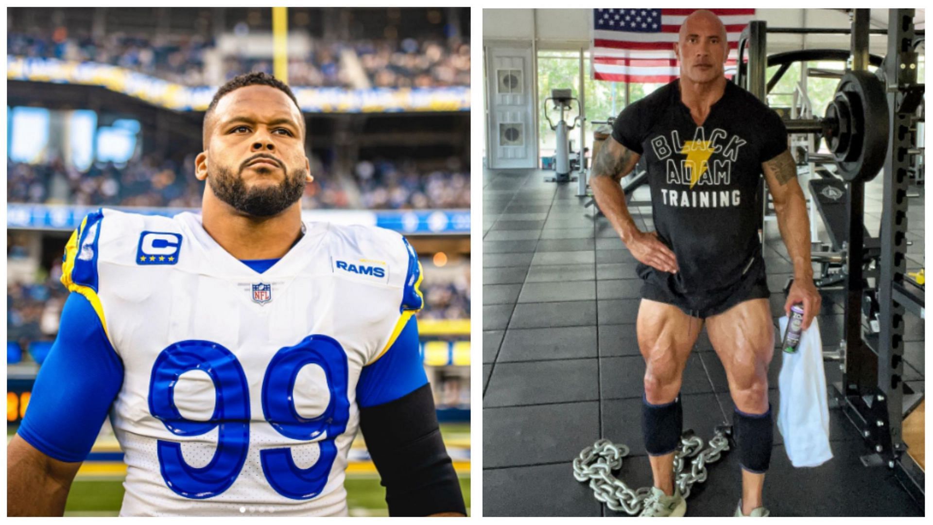The Rock teams up with Aaron Donald for an ab wheel workout. (Image via Instagram @therock / @aarondonald99)