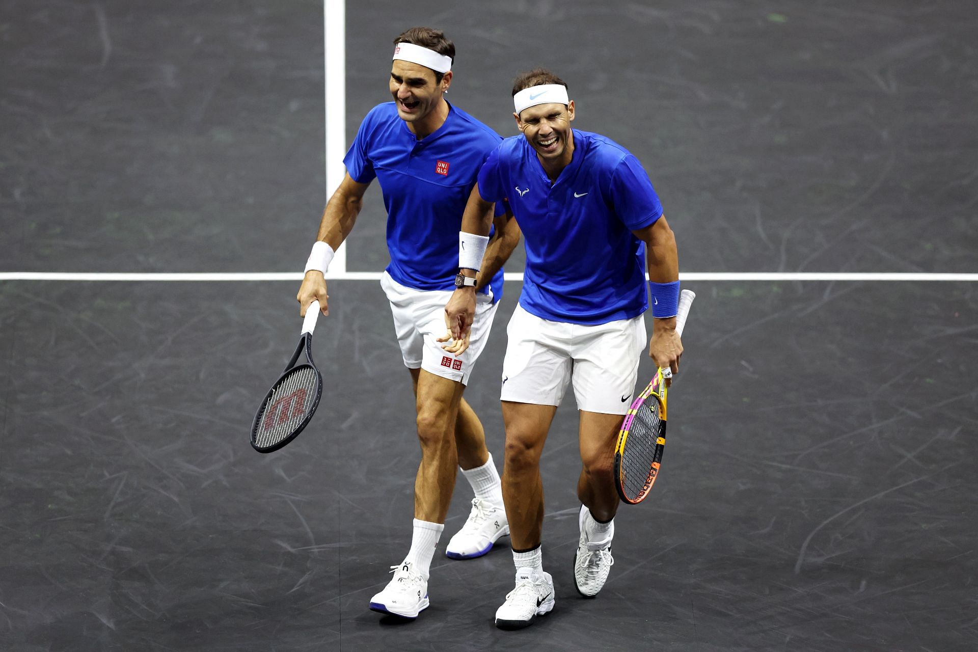 Rafael Nadal and Roger Federer during their Laver Cup clash