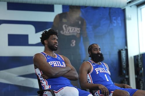 Joel Embiid and James Harden of the Philadelphia 76ers