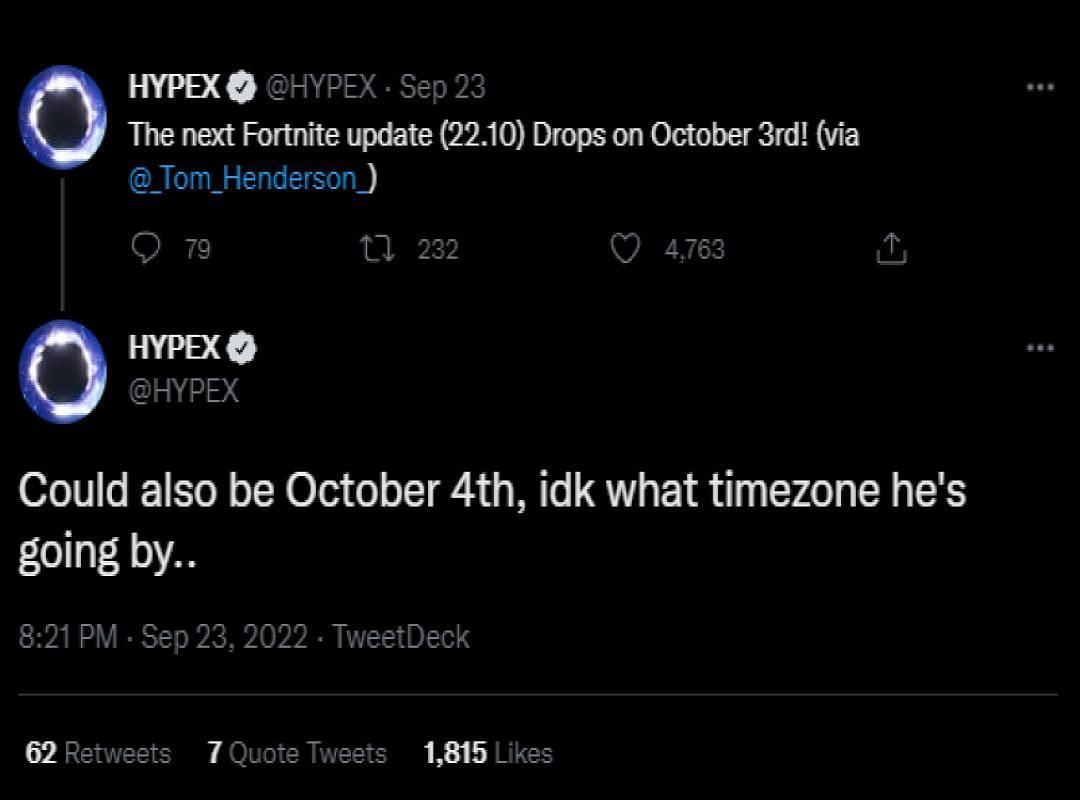 Fortnite update v22.10 has been more or less confirmed for October 3/4, 2022 (Image via HYPEX/Twitter)