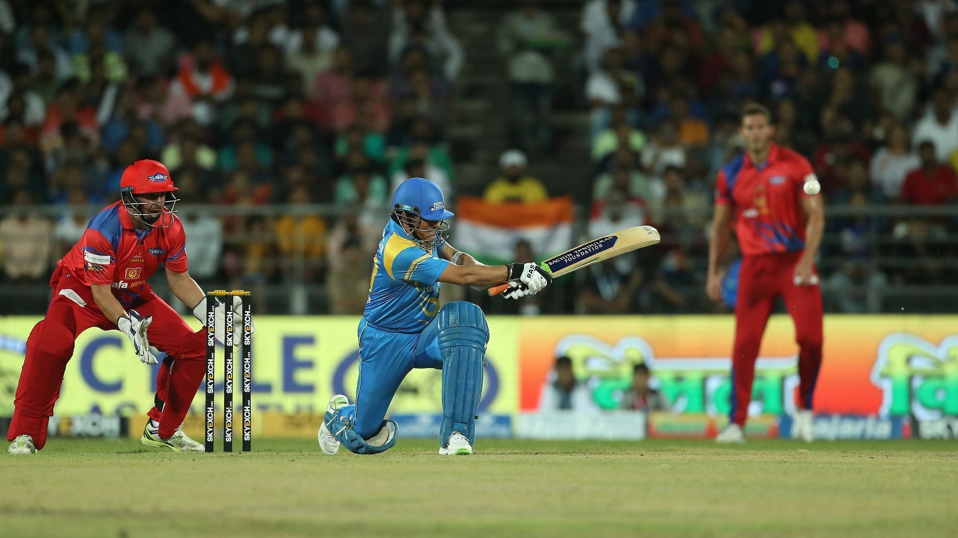 Tendulkar plays a sweep shot during his blazing knock of 40 off 20 deliveries. 