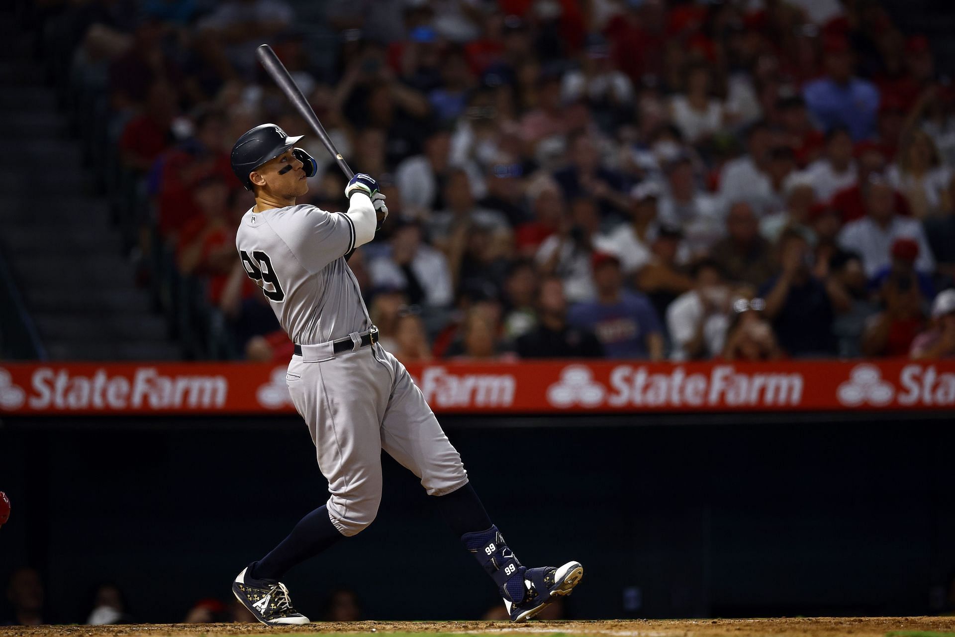 Aaron Judge hits a three-run homer against the Los Angeles Angels.