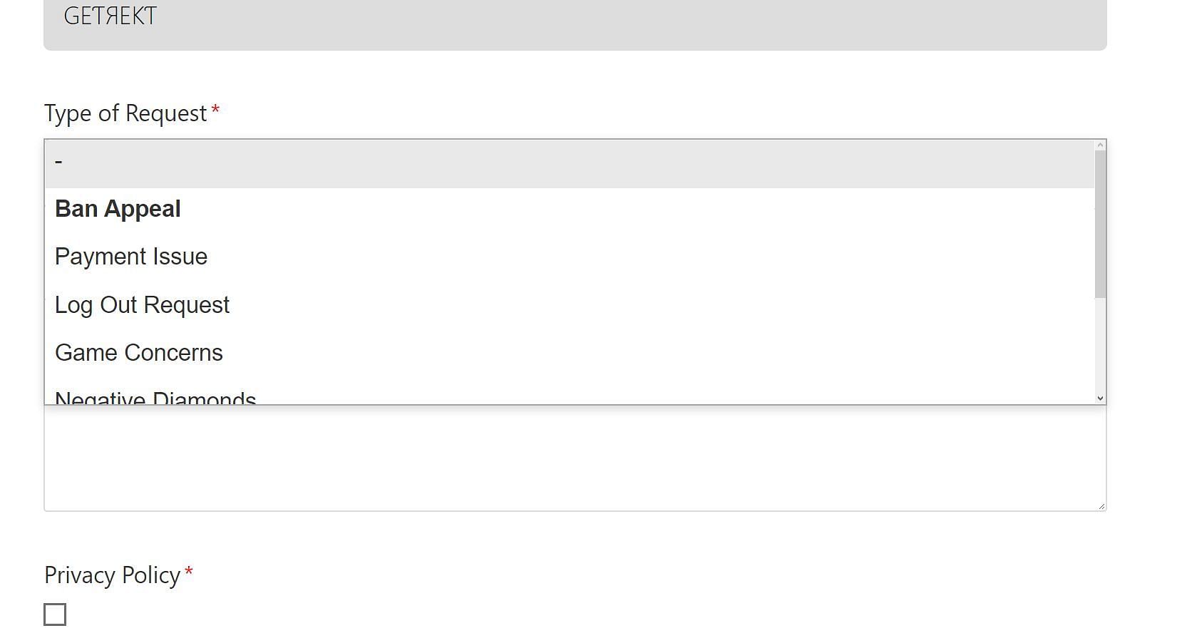 You will have to select &#039;Ban Appeal&#039; in the type of requests (Image via Garena)