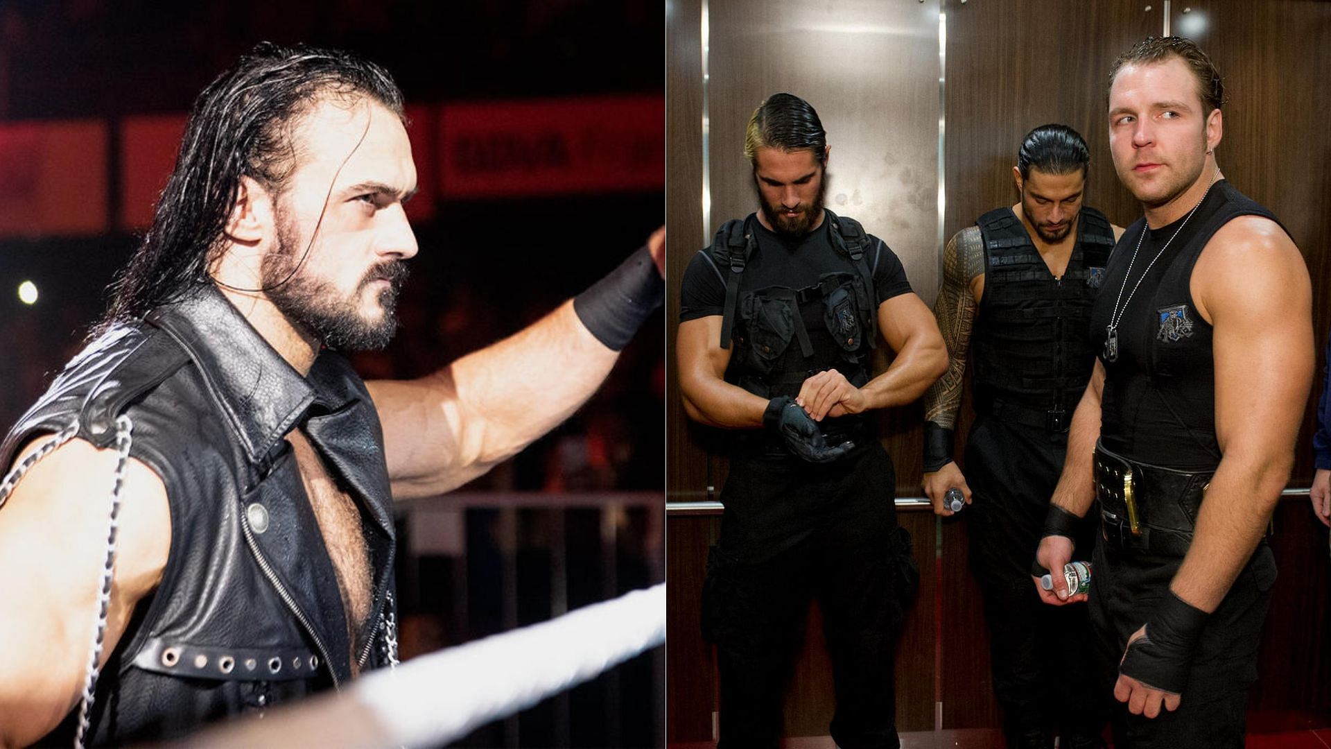 Drew McIntyre (left); Seth Rollins, Roman Reigns, and Dean Ambrose (right)