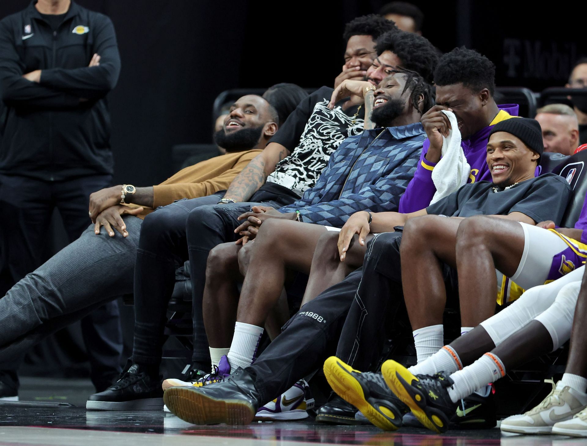 Russell Westbrook looks on from the LA Lakers bench