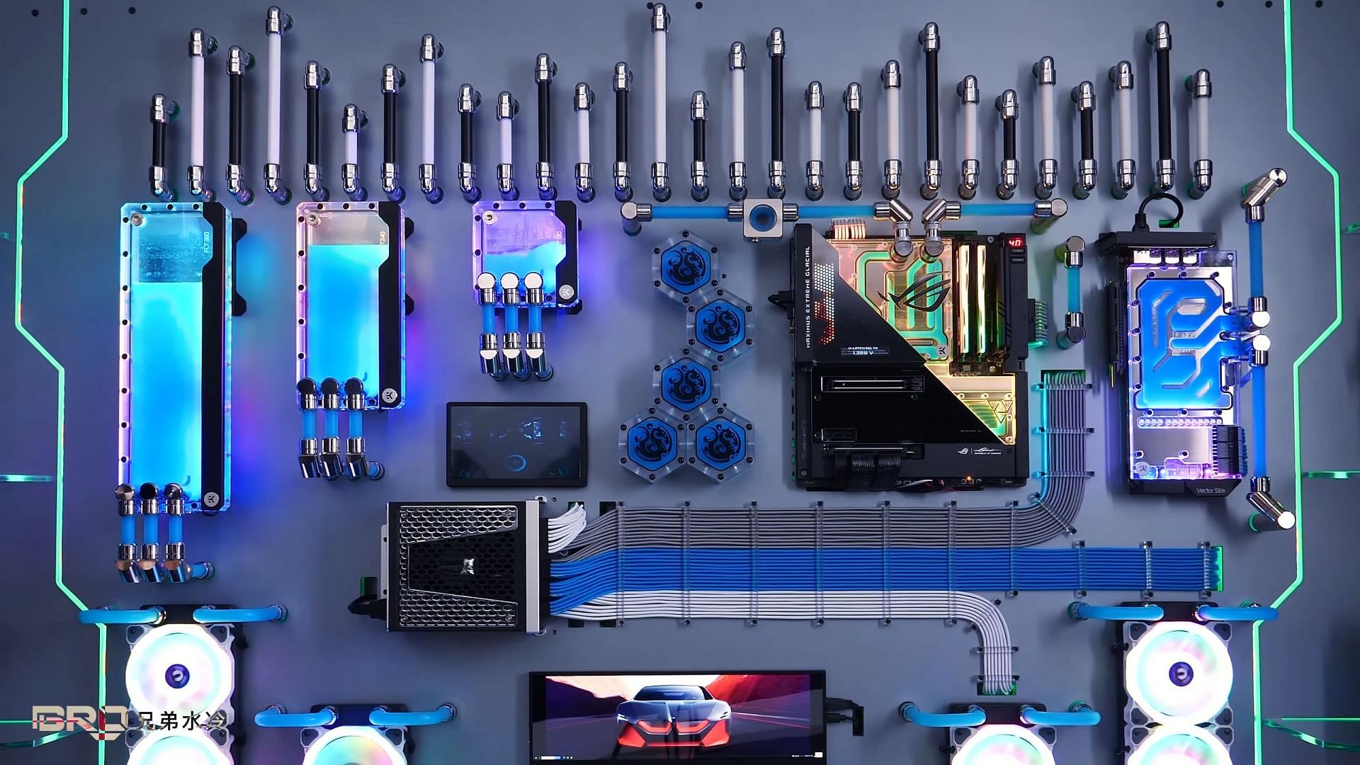 A custom gaming PC mounted openly on the wall (Image via YouTube/Bro Cooling)