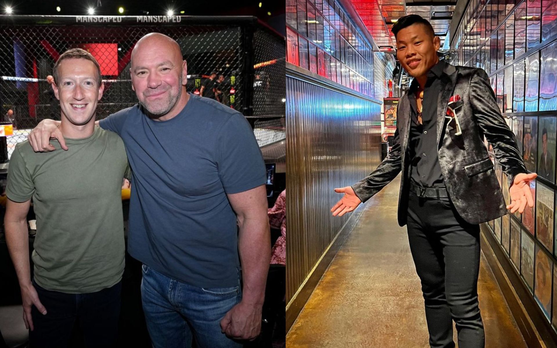 Mark Zuckerberg and Dana White at UFC Apex (left) and Li Jingliang in his suit (right)[Images courtesy: @ufc and @lijingliangmma on Instagram]