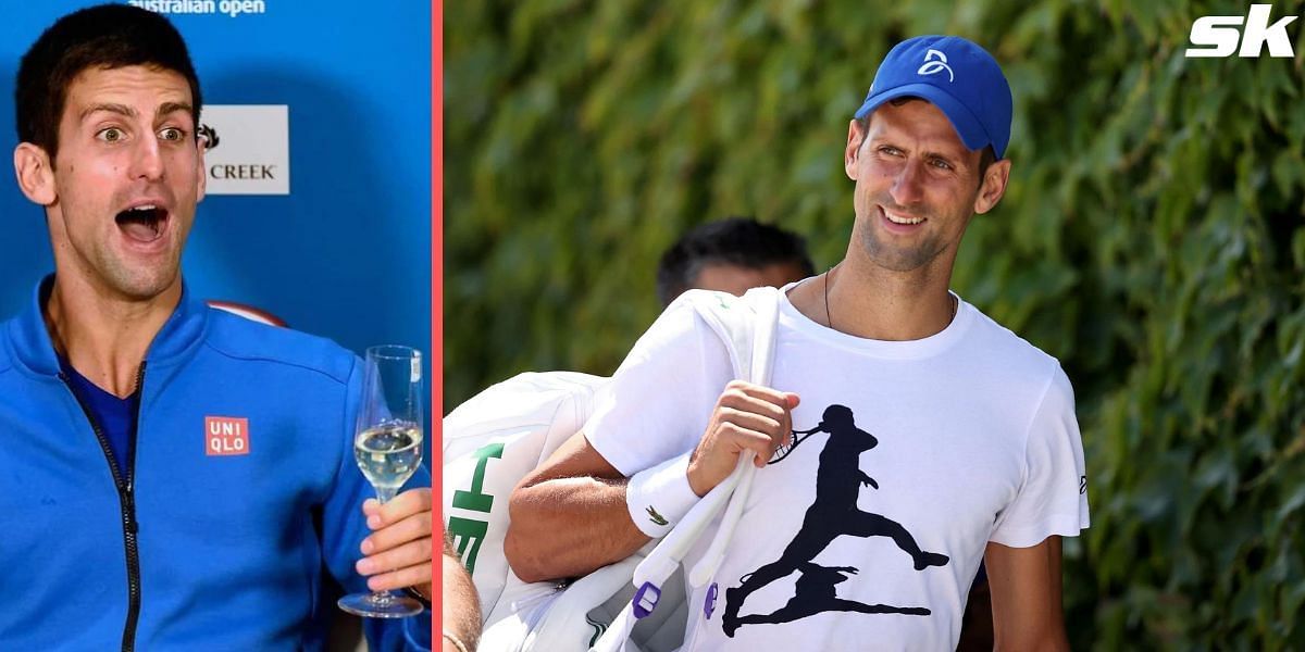 Novak Djokovic enjoys a glass of wine at the Australian Open (L).