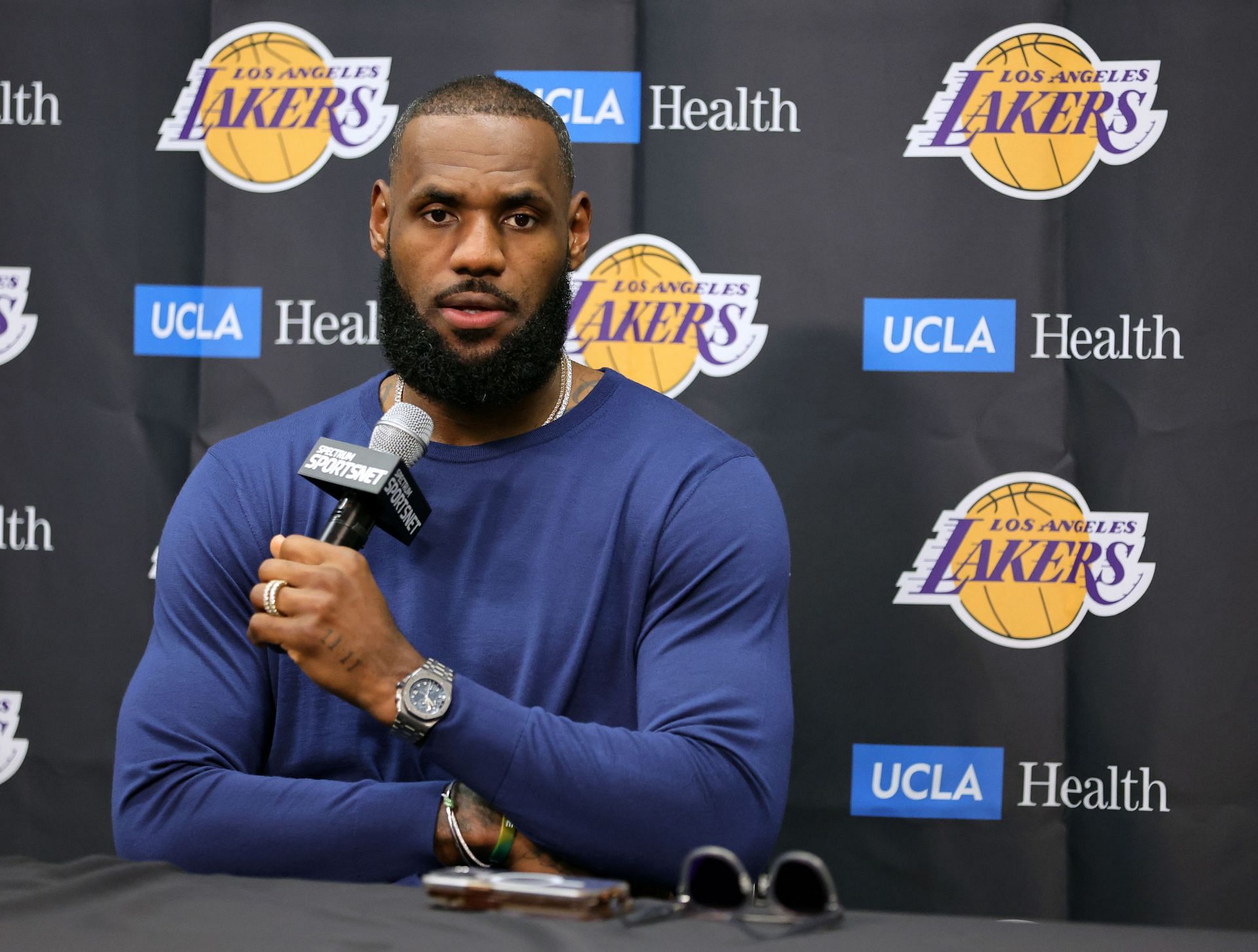 LeBron James speaks at a post-game presser.