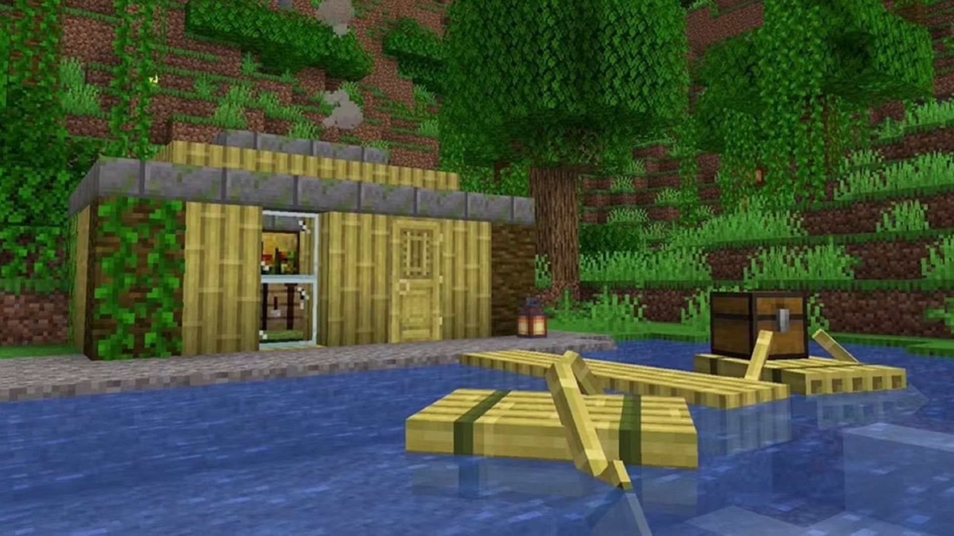 Bamboo rafts rest in the water near a bamboo home in Minecraft (Image via Mojang)