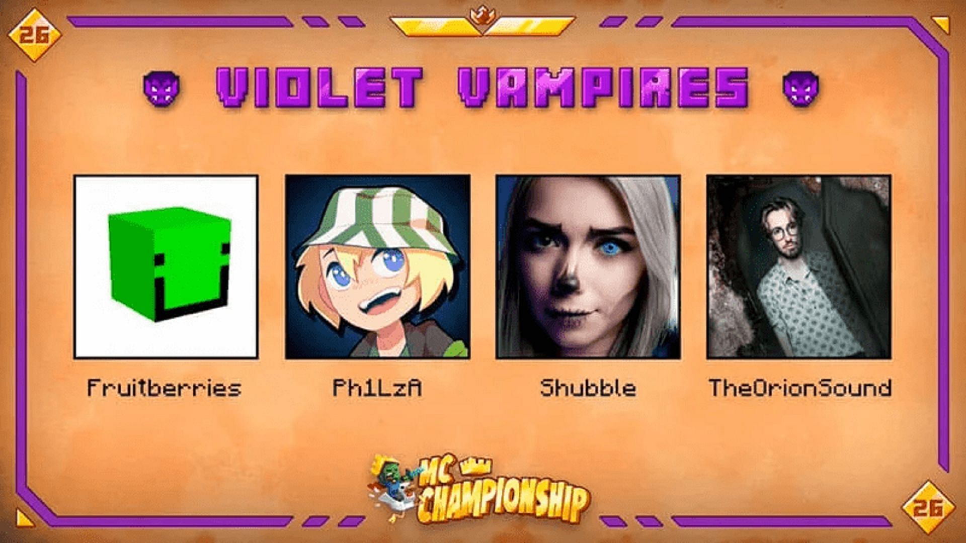 The four content creators making up the Violet Vampires in Minecraft Championship 26 (Image via Mojang)
