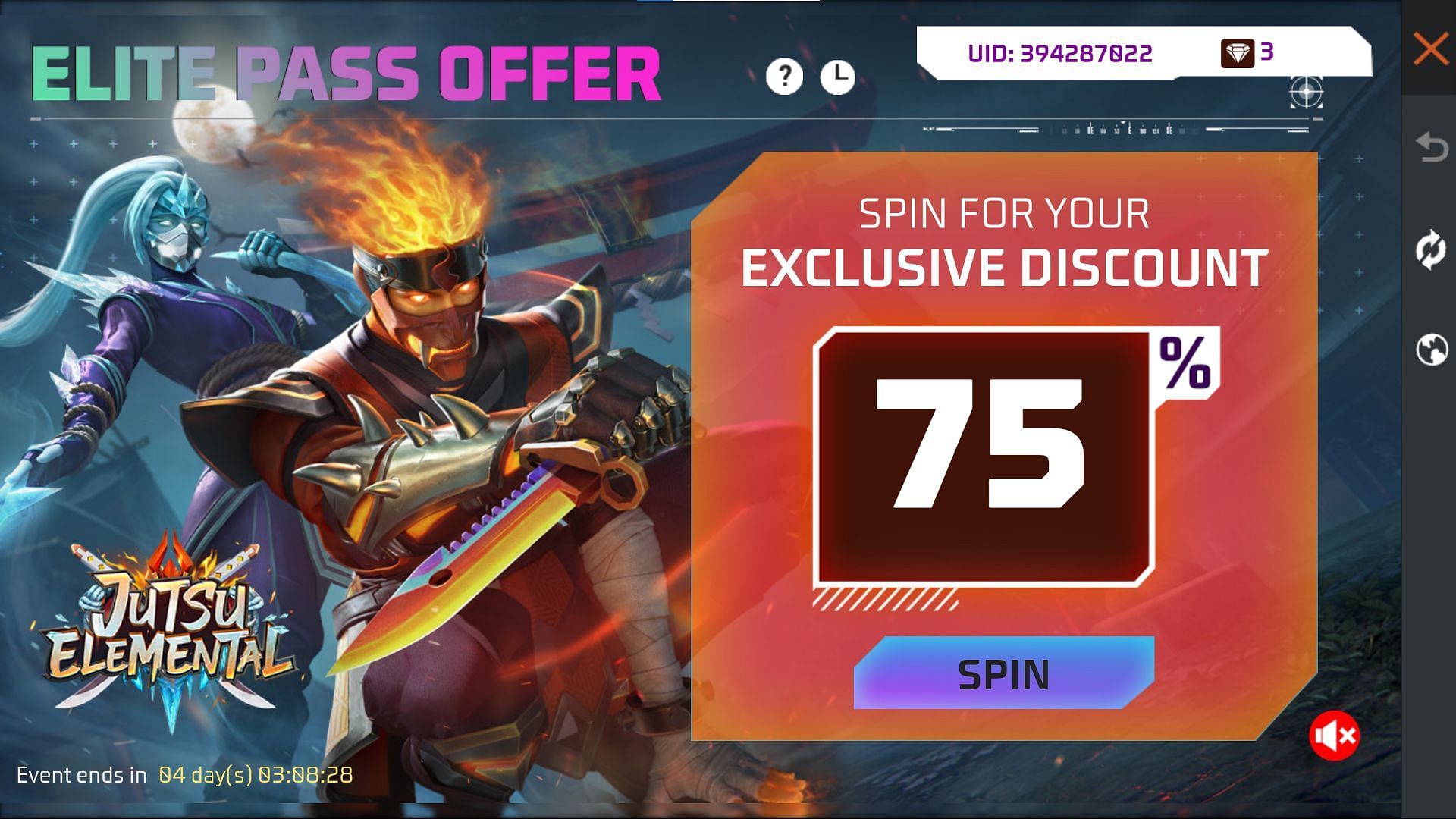 The offer requires users to make a spin to find the discount (Image via Garena)
