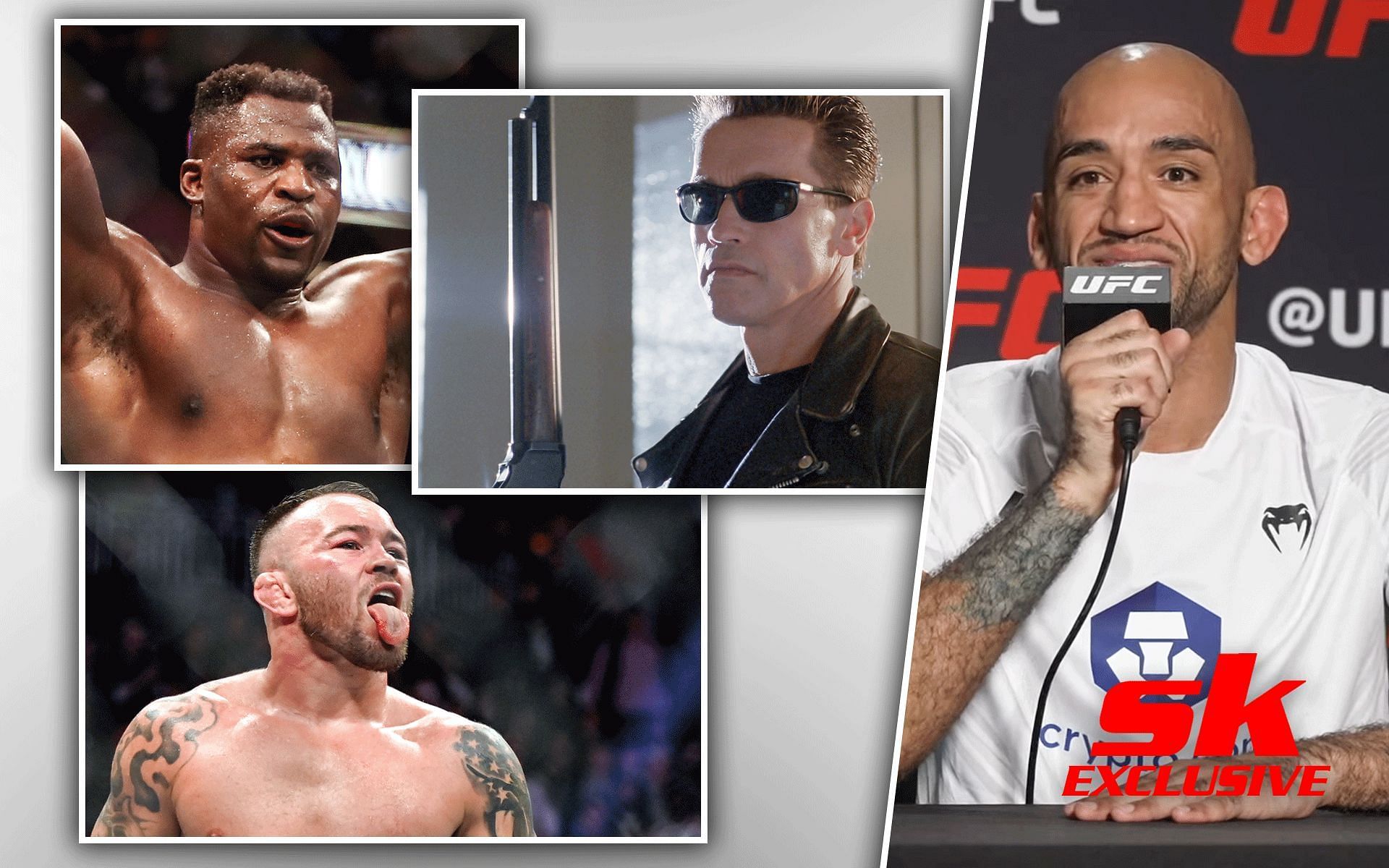 (Clockwise) Francis Ngannou, Arnold Schwarzenegger as The Terminator, Mike Jackson, Colby Covington [Images via MMA Junkie on YouTube and imdb.com]