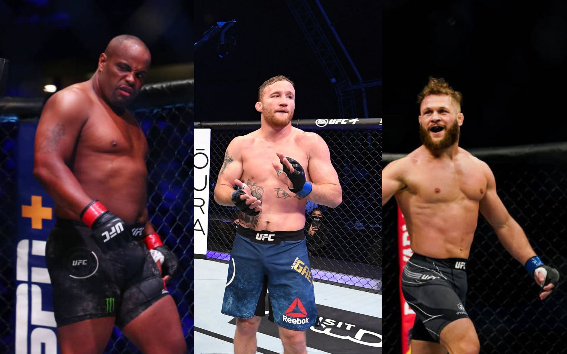 From left to right: Daniel Cormier, Justin Gaethje, Rafael Fiziev