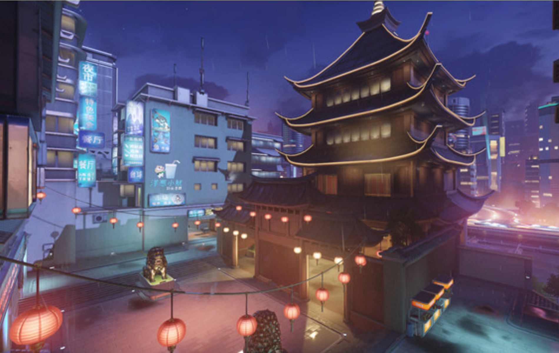 The Lijang Tower map represents the night markets of Chongqing, China (Image via Blizzard Entertainment)