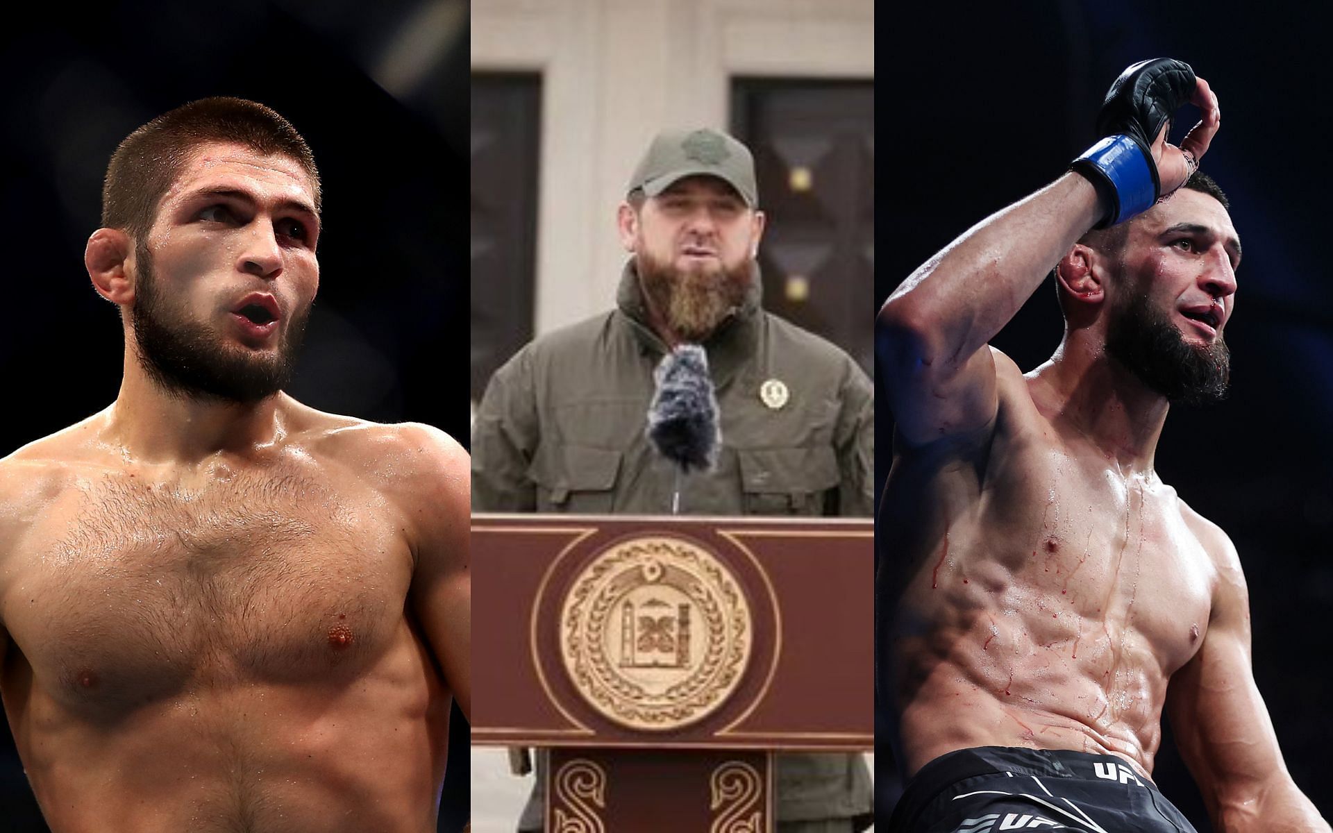 Khabib Nurmagomedov (left), Ramzan Kadyrov (center), and Khamzat Chimaev (right) (Image credits Getty Images)