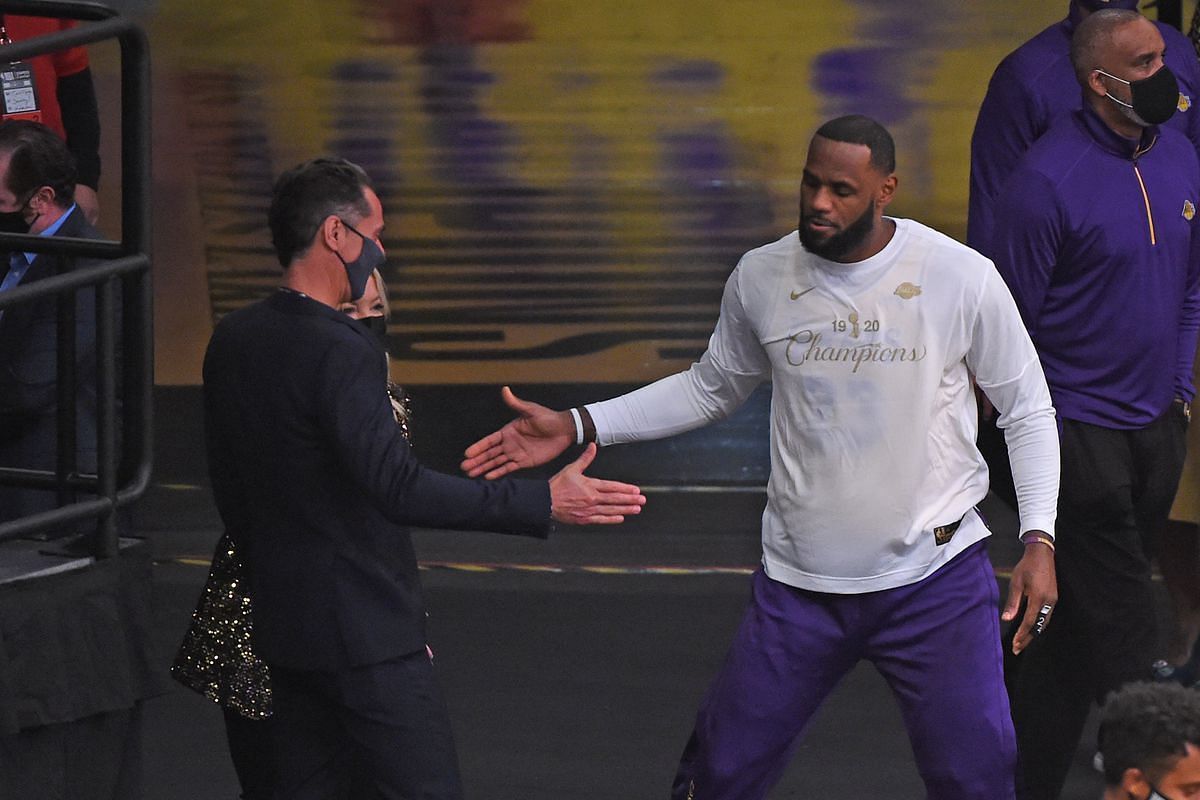 LA Lakers GM Rob Pelinka and franchise superstar LeBron James.