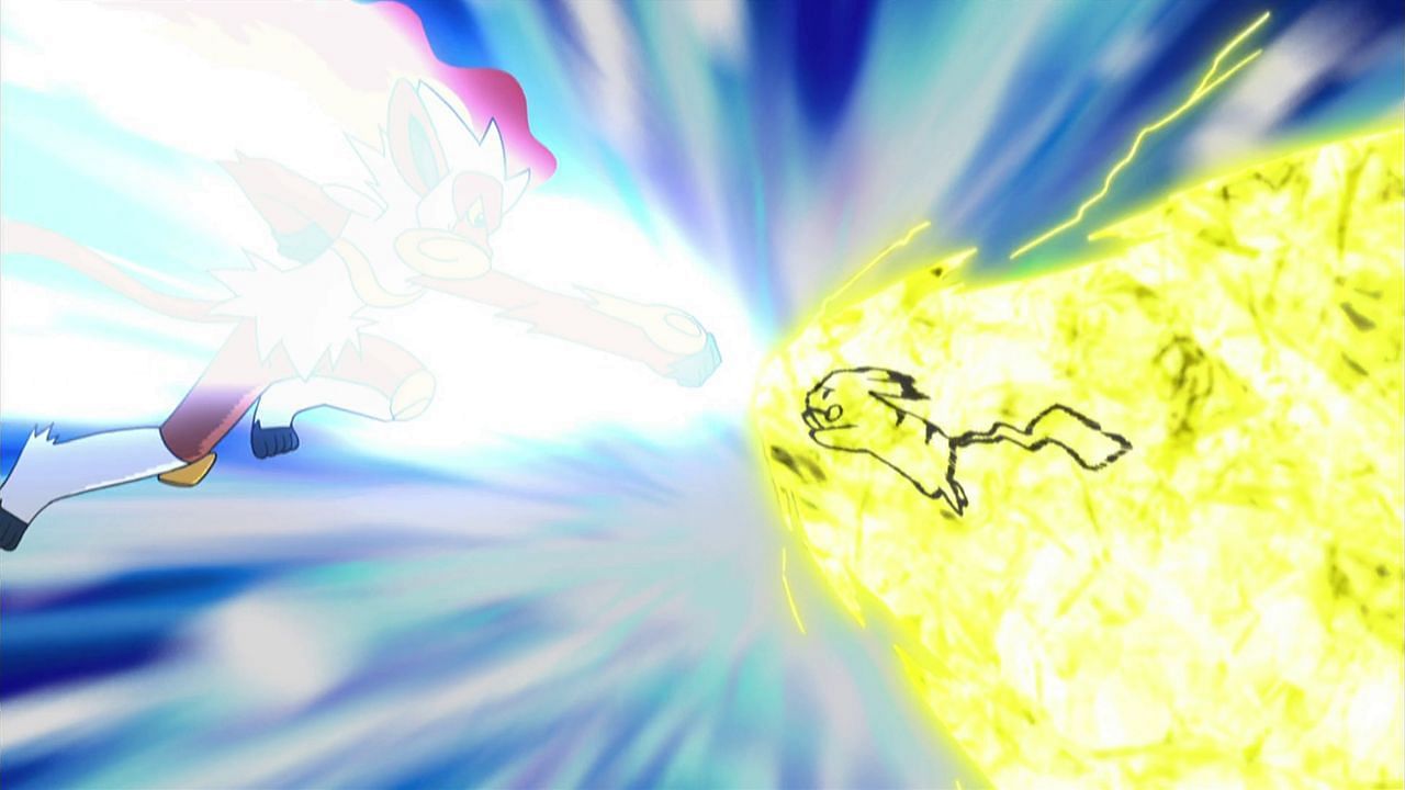 Ash&#039;s Pikachu and Flint&#039;s Infernape clashing attacks in the anime (Image via The Pokemon Company)