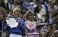 Martina Navratilova and Chris Evert with their trophies at the French Open