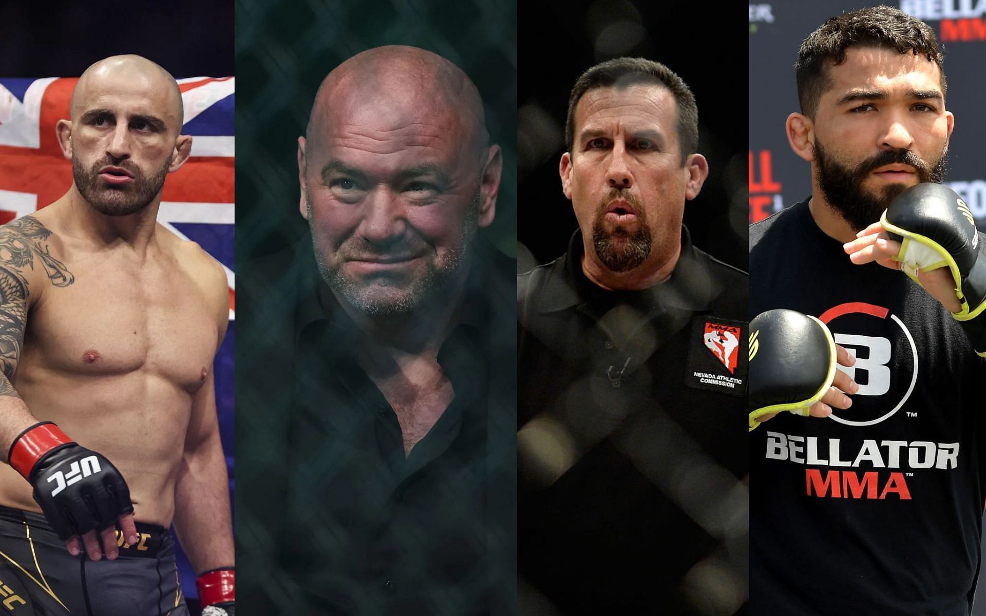 Alexander Volkanovski (left), Dana White (middle left), John McCarthy (middle right) and Patricio Pitbull (right)