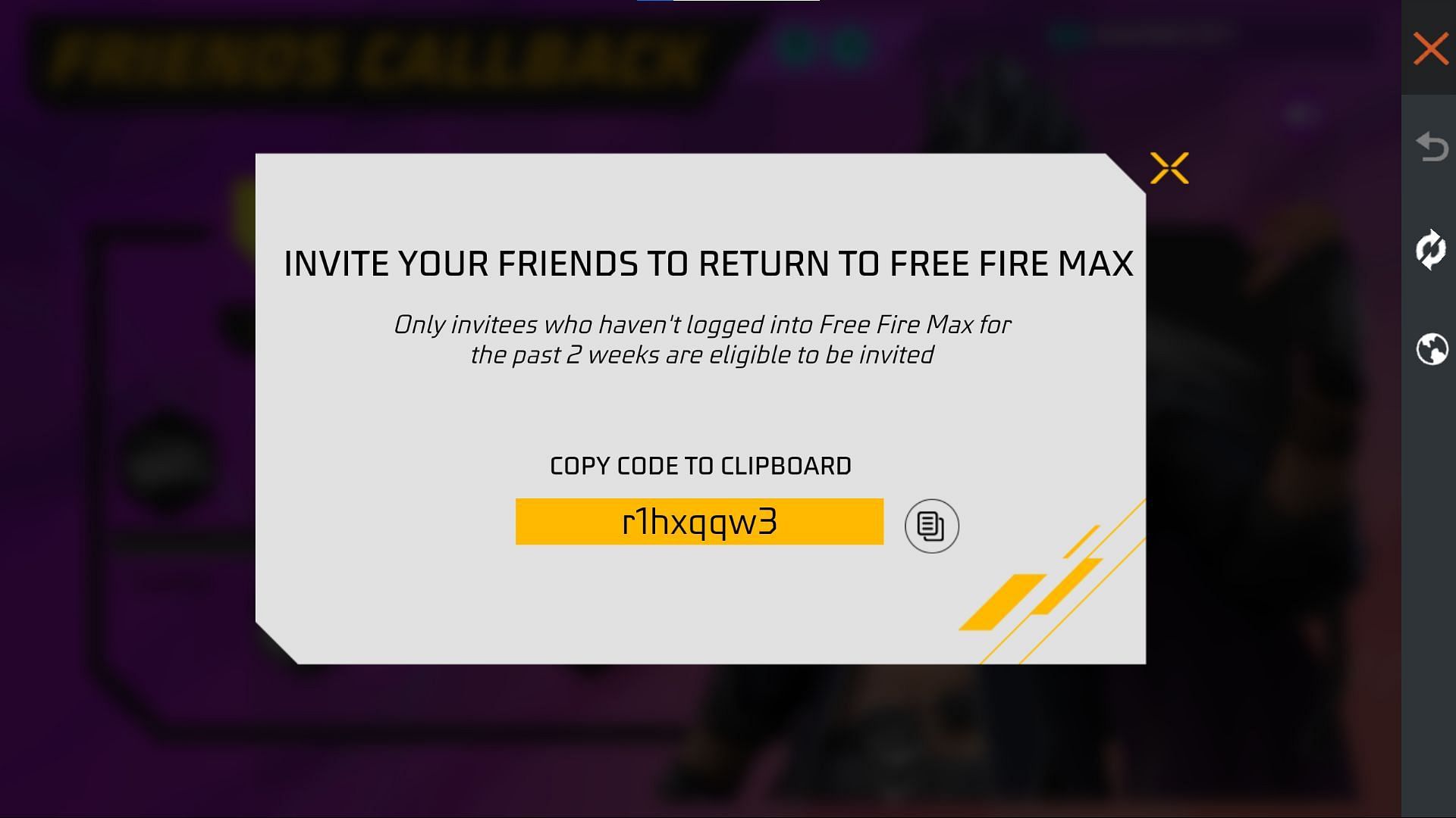 Send the code to your friend (Image via Garena)