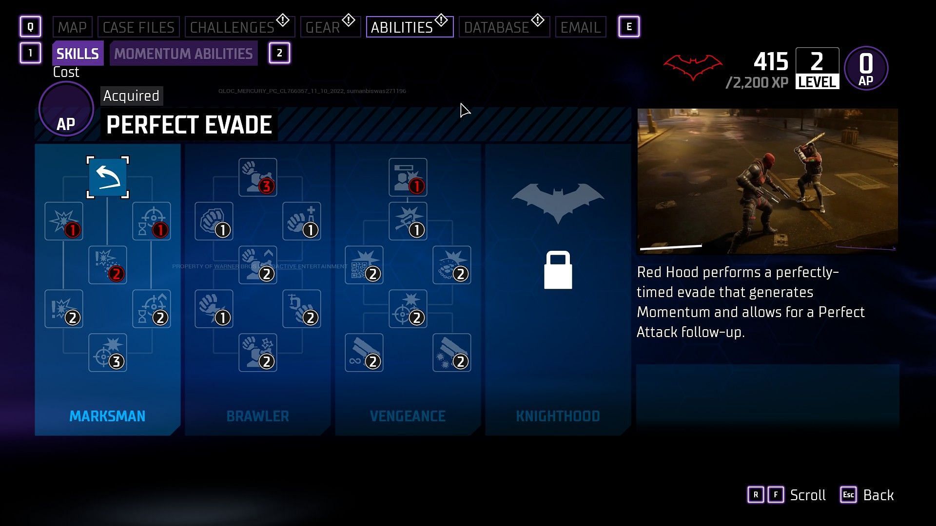 Red Hood&#039;s skill tree in Gotham Knights (image via WB Games Montreal)