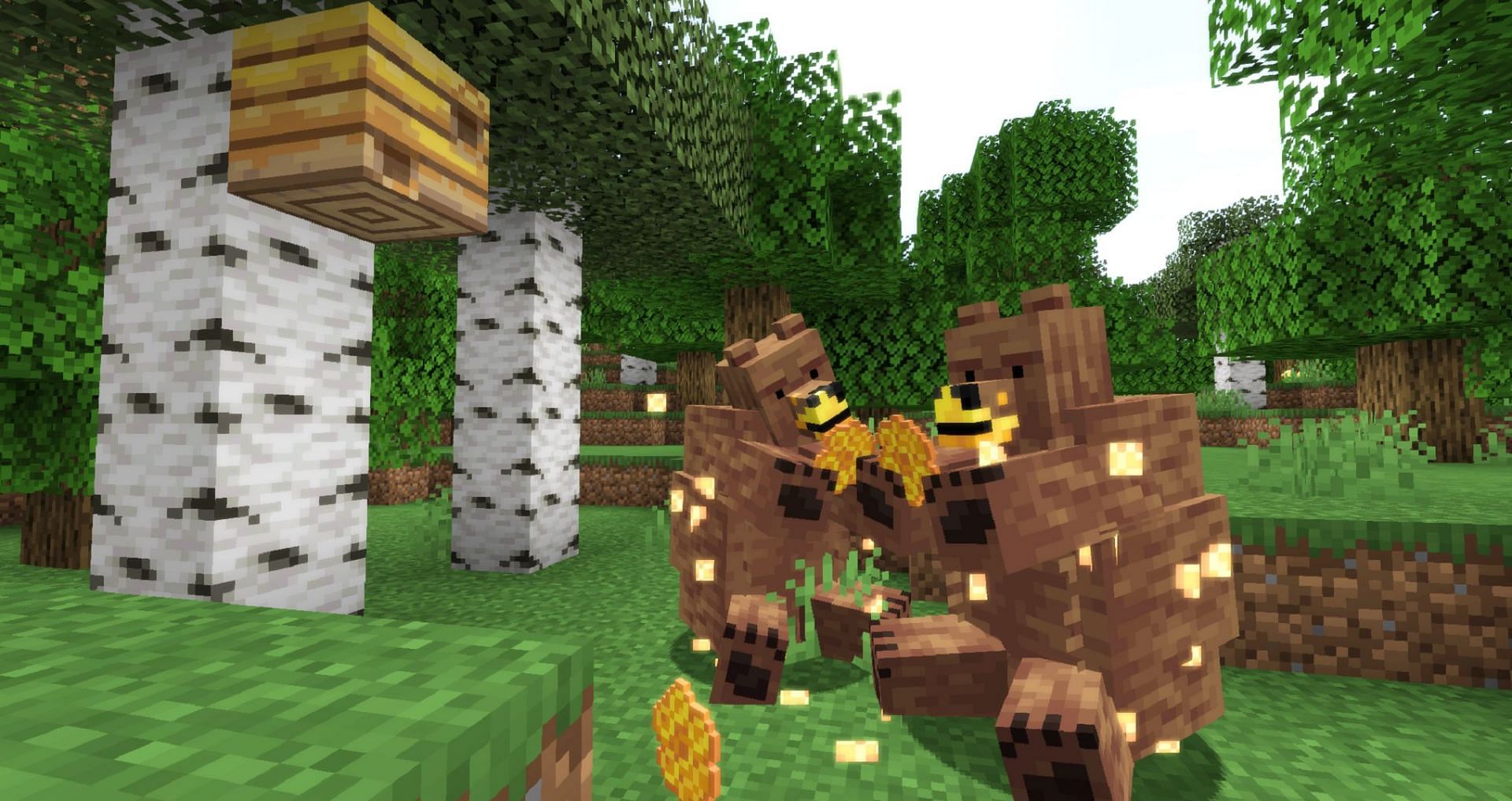 Grizzly Bears feast on honey from a bee nest in a forest in Alex&#039;s Mobs (Image via sbom_xela/CurseForge)
