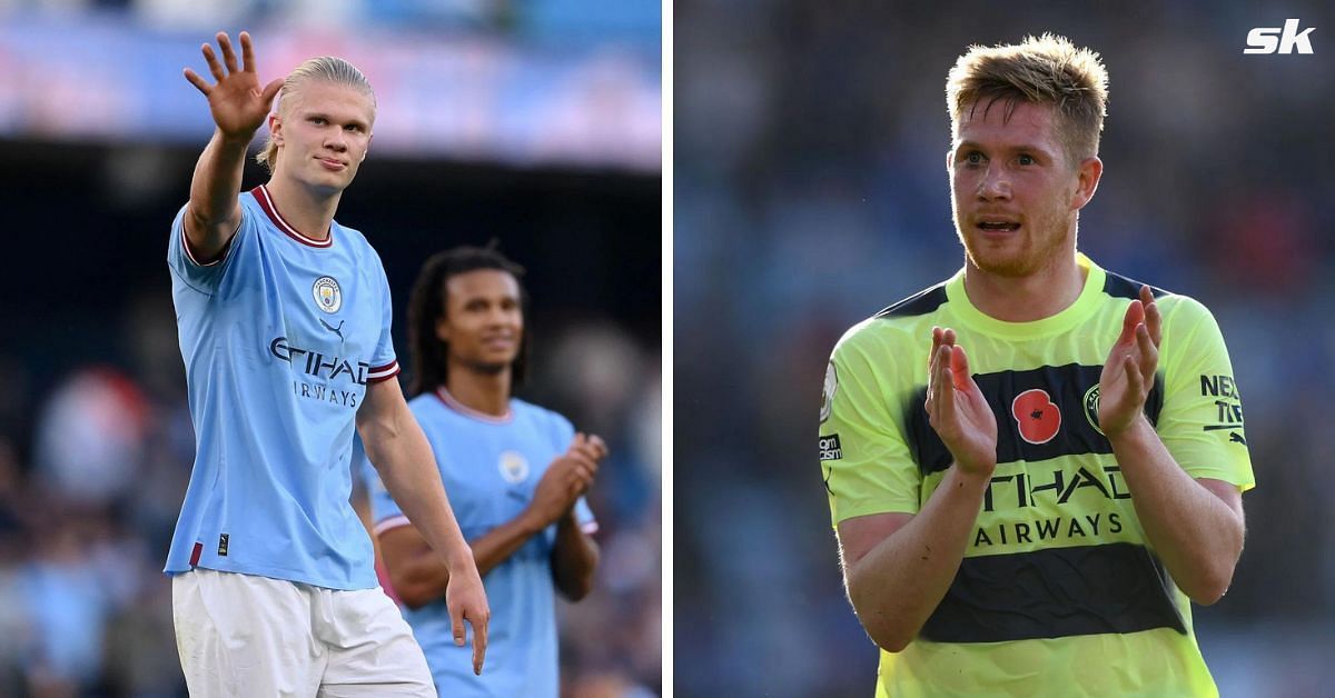 Erling Haaland reacts as Kevin De Bruyne scores outrageous free-kick to ...