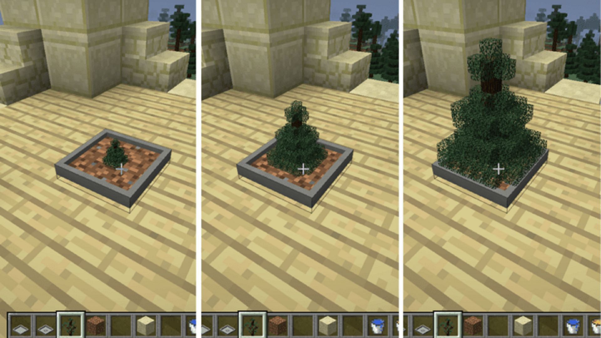 A Bonsai tree grows in its potting box via Bonsai Planters 3 (Image via Davenonymous/Minecraftmods.com)