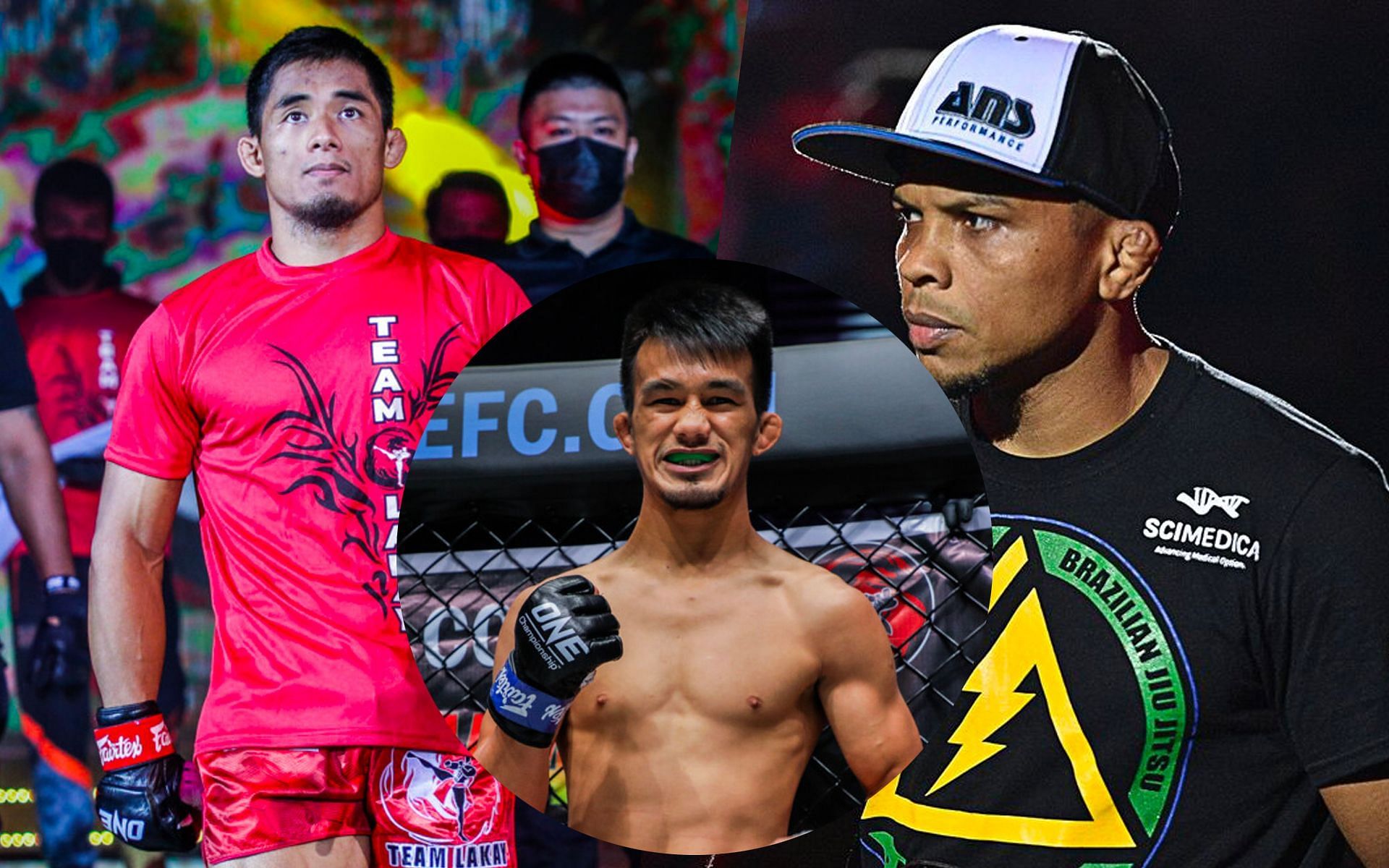 Jeremy Pacatiw (inset), Stephen Loman (left), and Bibiano Fernandes (right). [Photos ONE Championship]